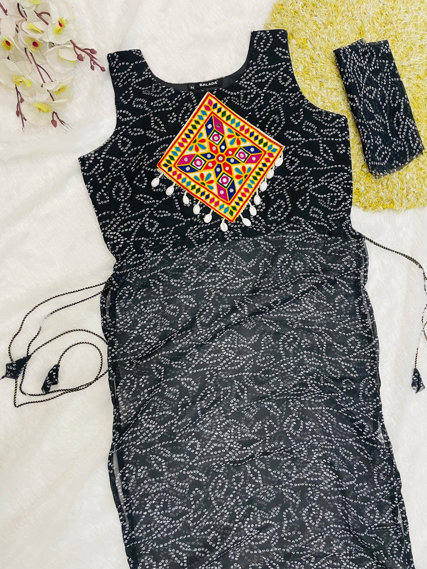 Black Bandhani Mirror Work Kurti Set