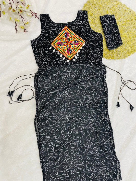 Black Bandhani Mirror Work Kurti Set