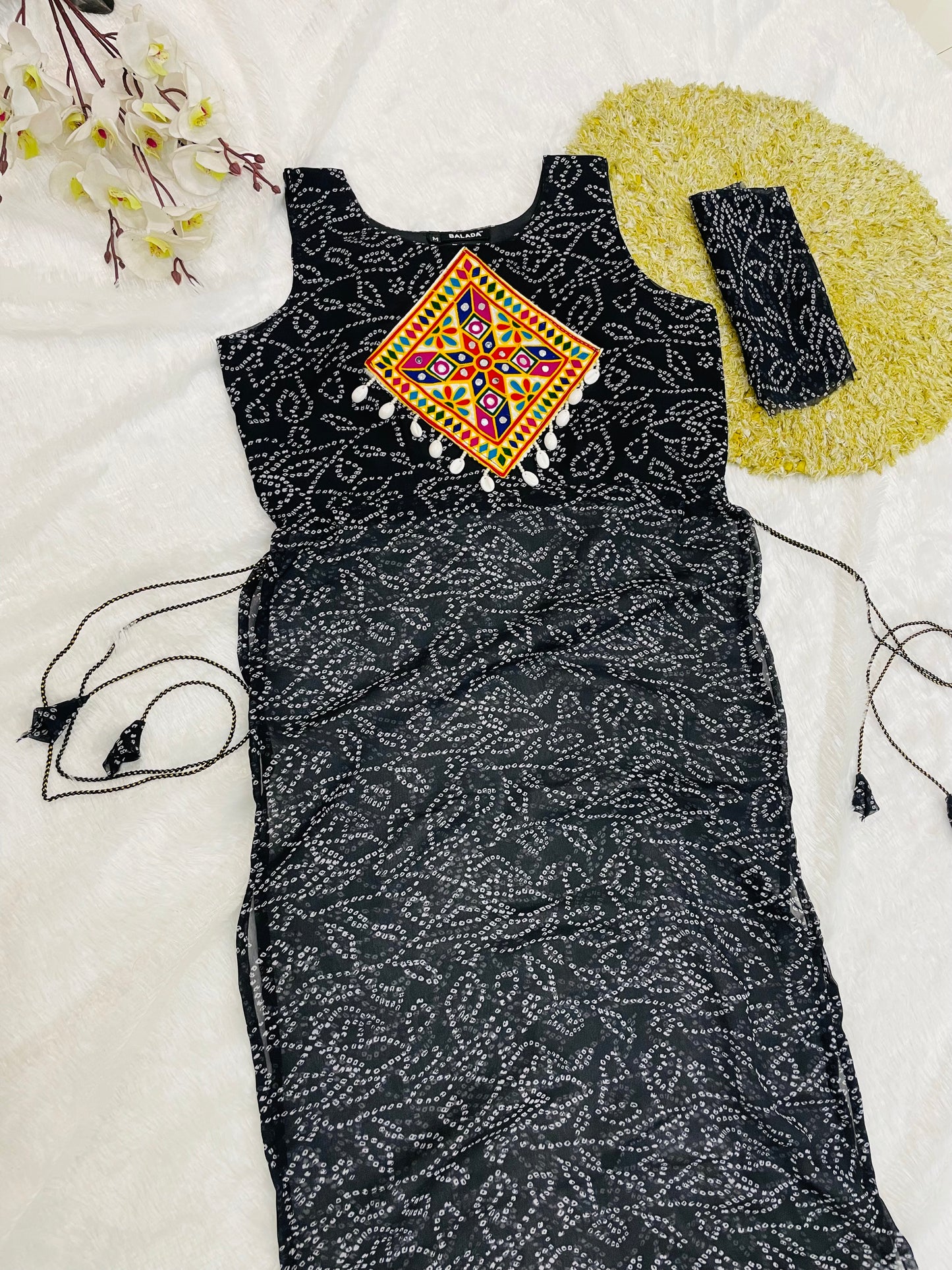 Black Bandhani Mirror Work Kurti Set
