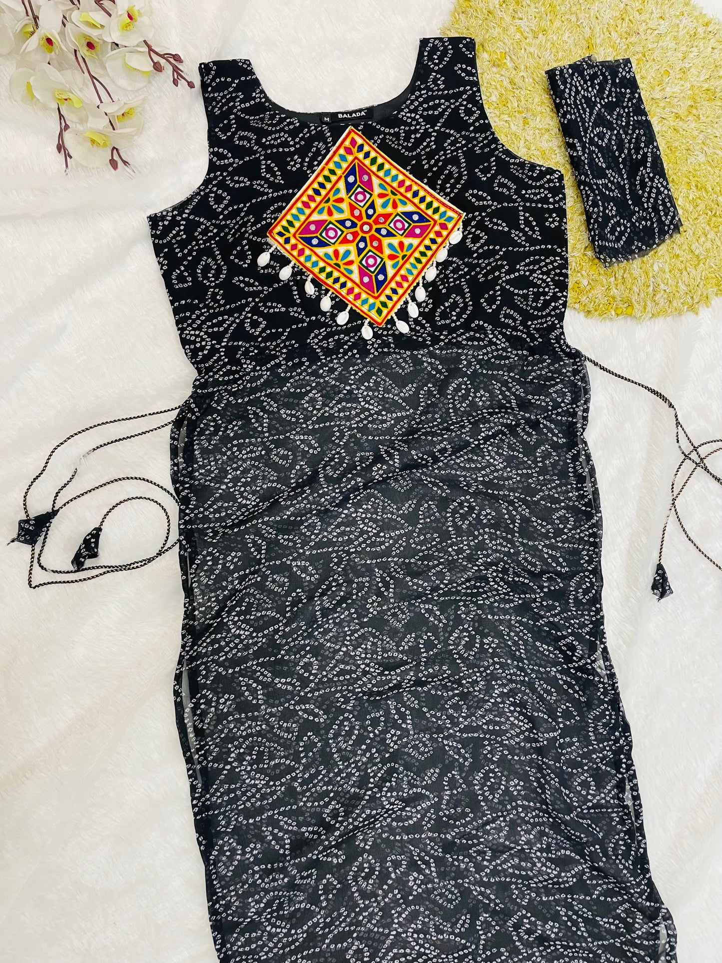 Black Bandhani Mirror Work Kurti Set