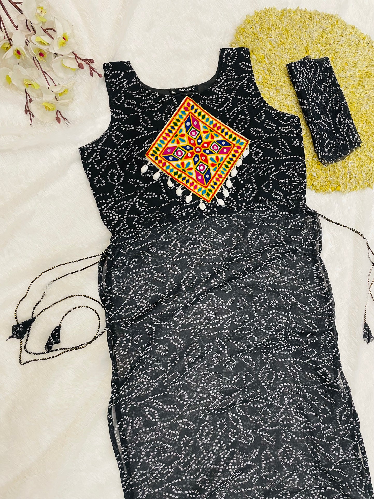 Black Bandhani Mirror Work Kurti Set