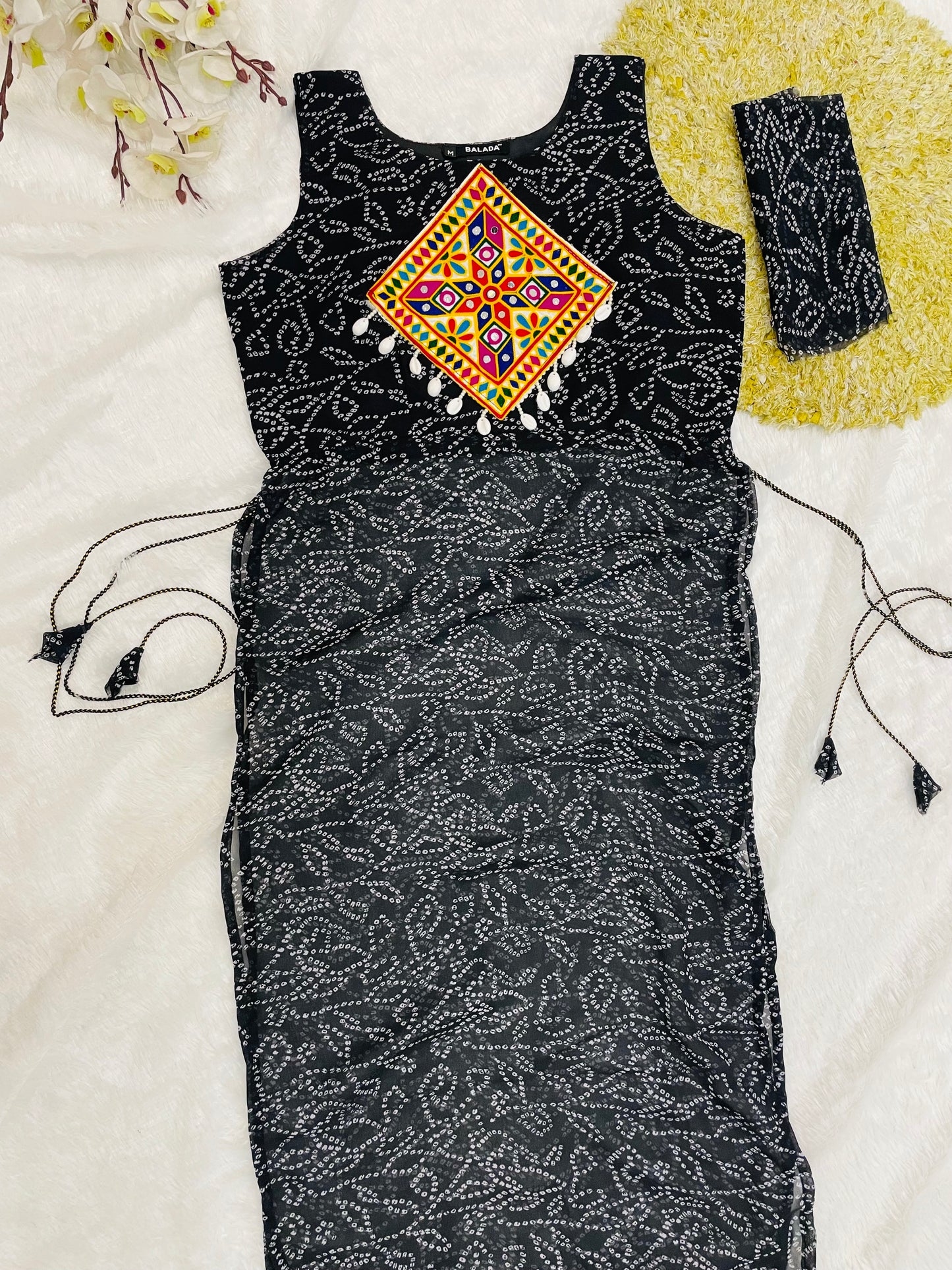 Black Bandhani Mirror Work Kurti Set