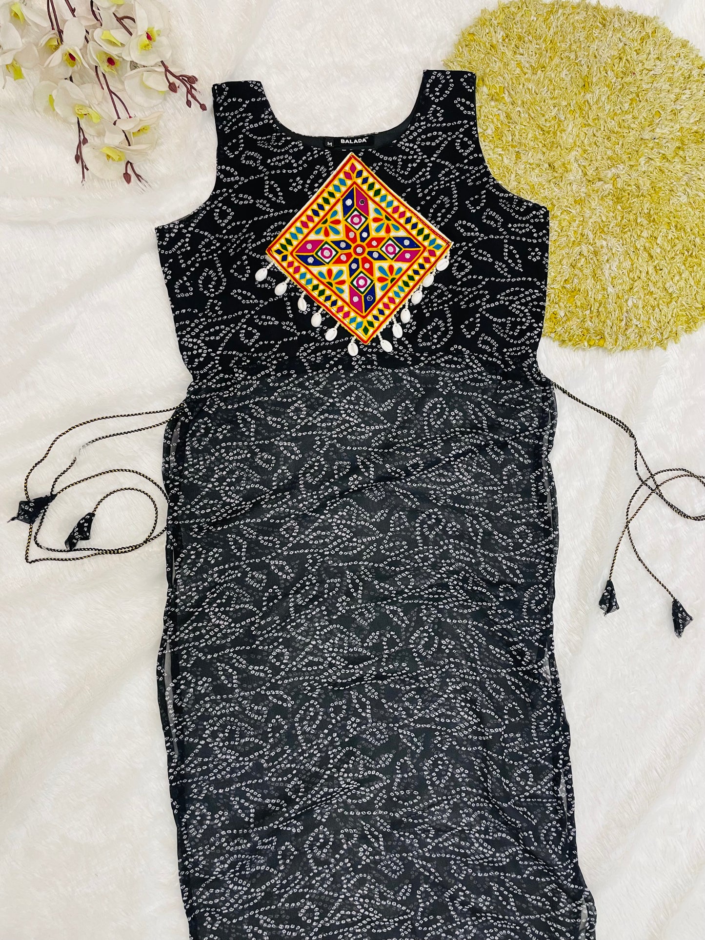 Black Bandhani Mirror Work Kurti Set
