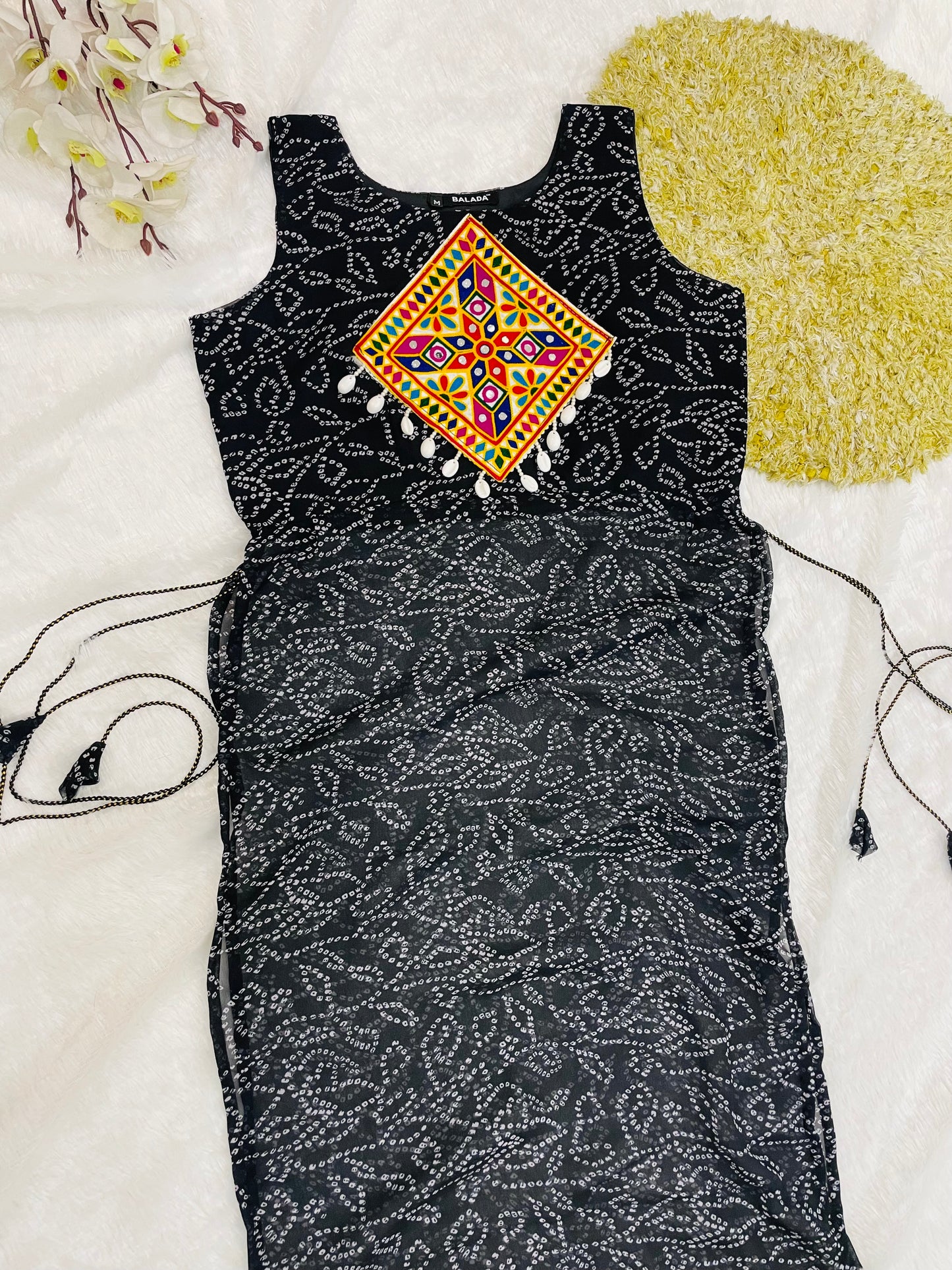 Black Bandhani Mirror Work Kurti Set