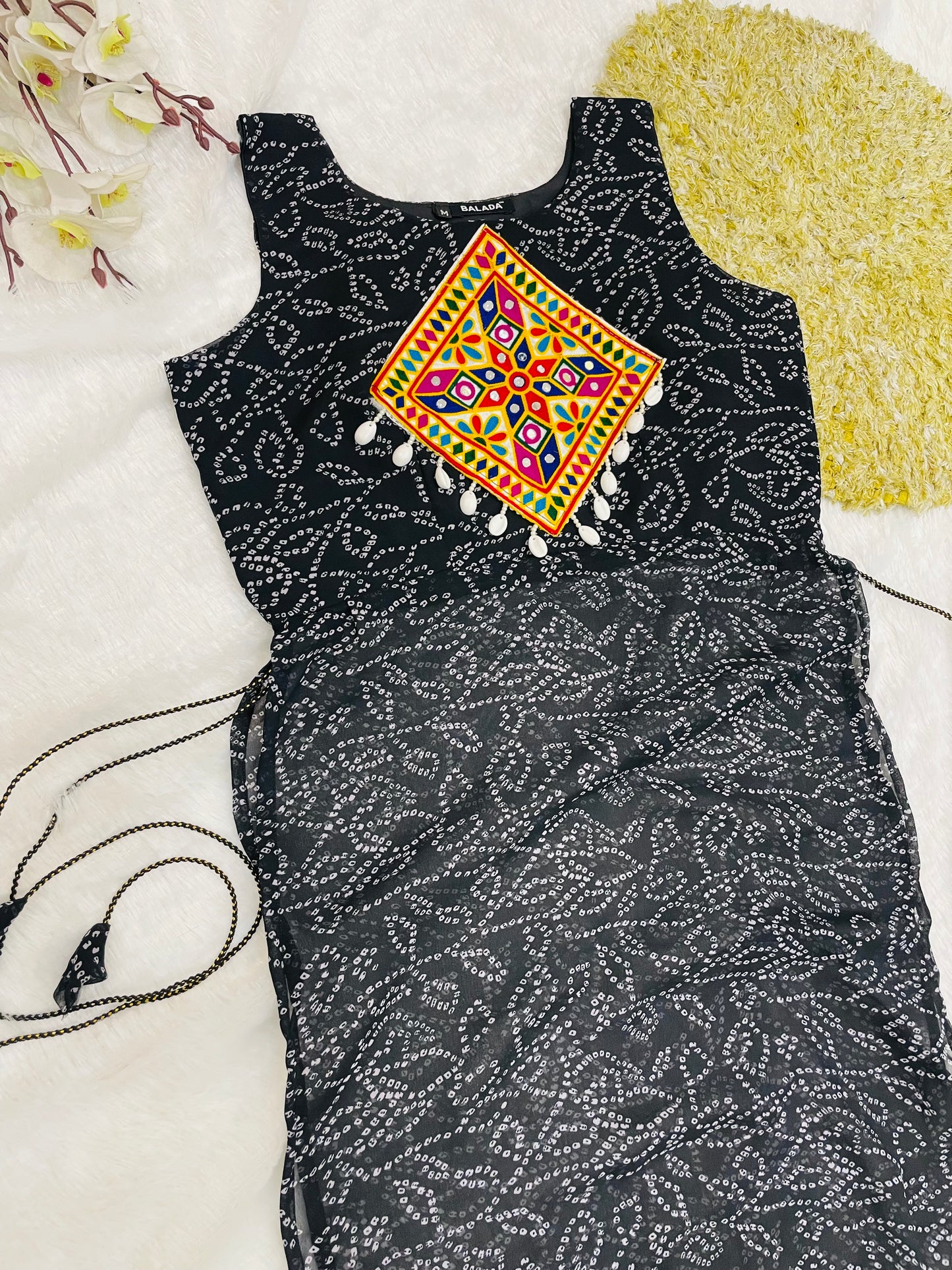 Black Bandhani Mirror Work Kurti Set