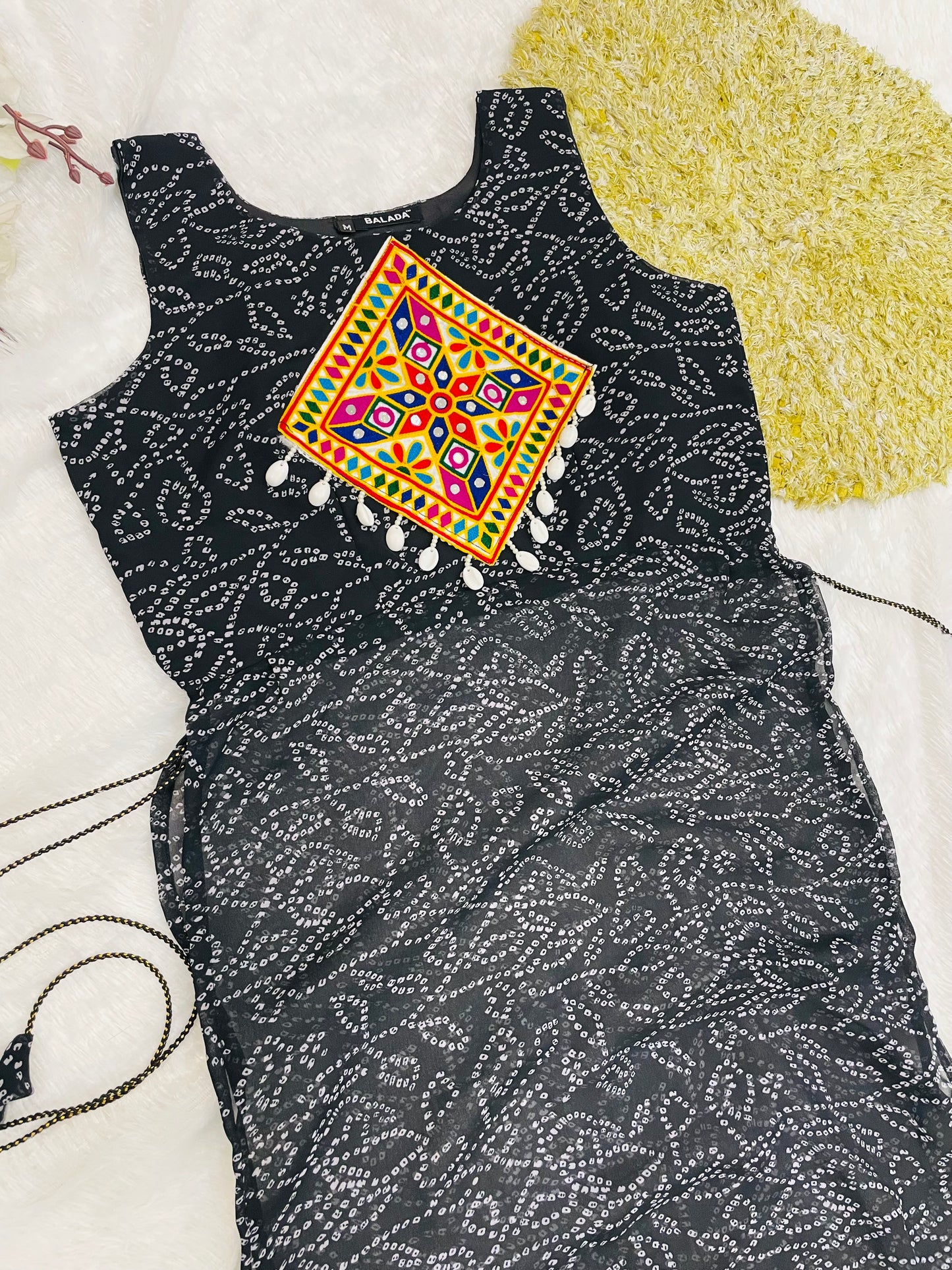 Black Bandhani Mirror Work Kurti Set