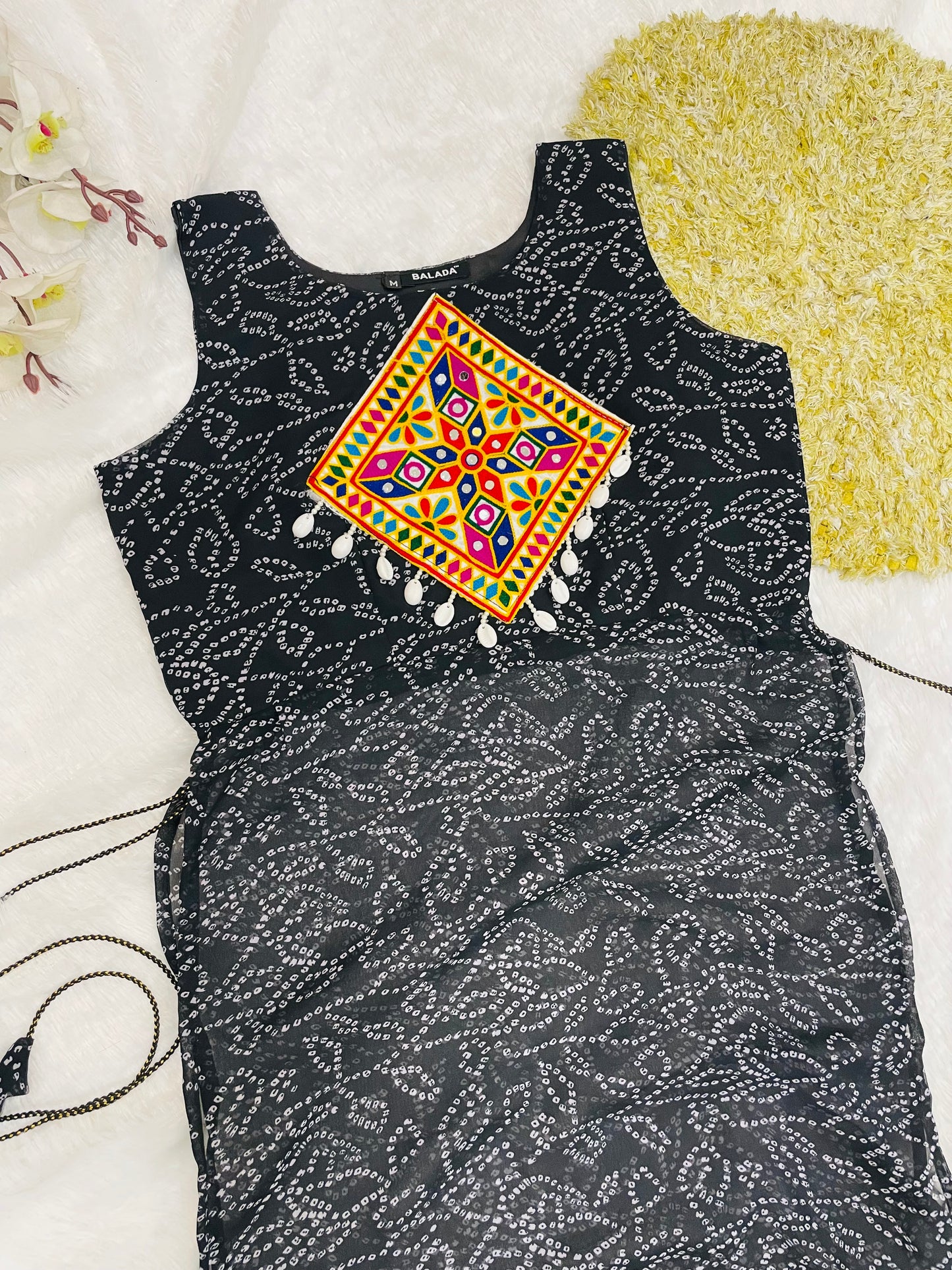 Black Bandhani Mirror Work Kurti Set