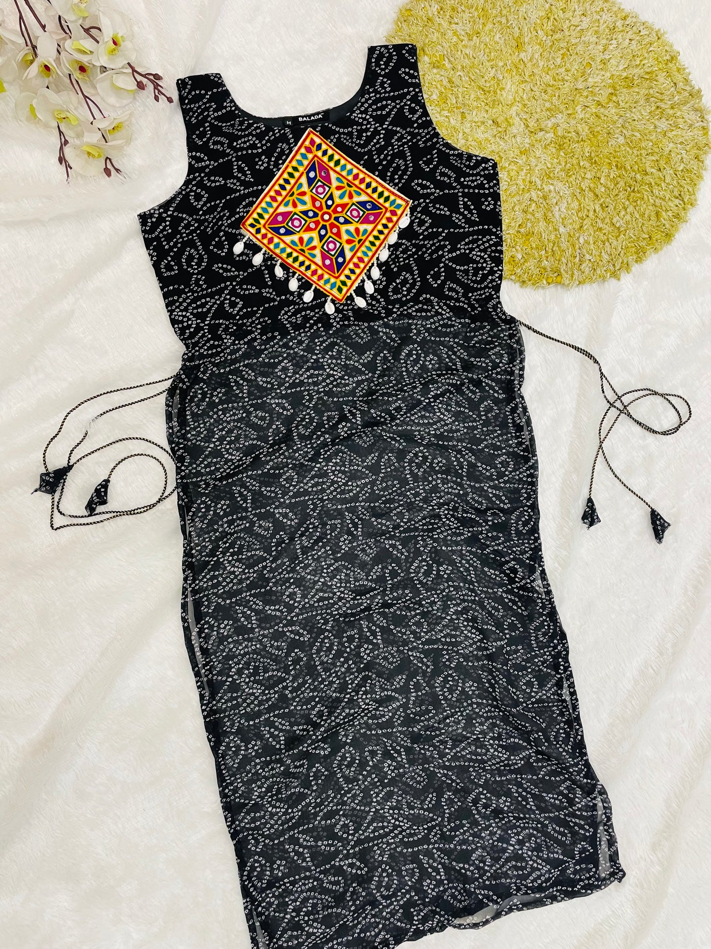 Black Bandhani Mirror Work Kurti Set