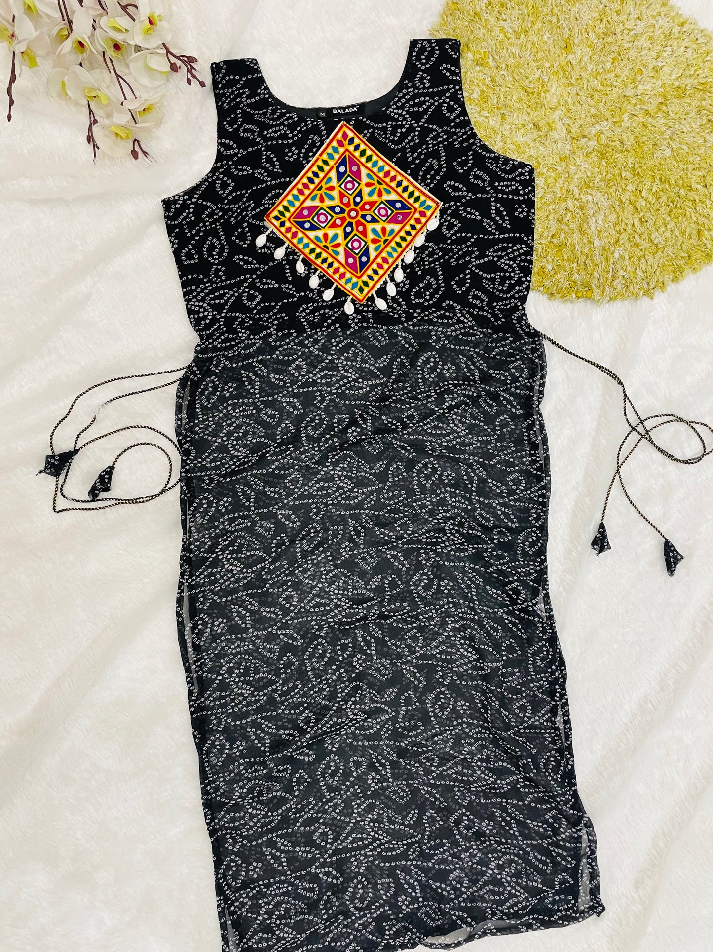 Black Bandhani Mirror Work Kurti Set