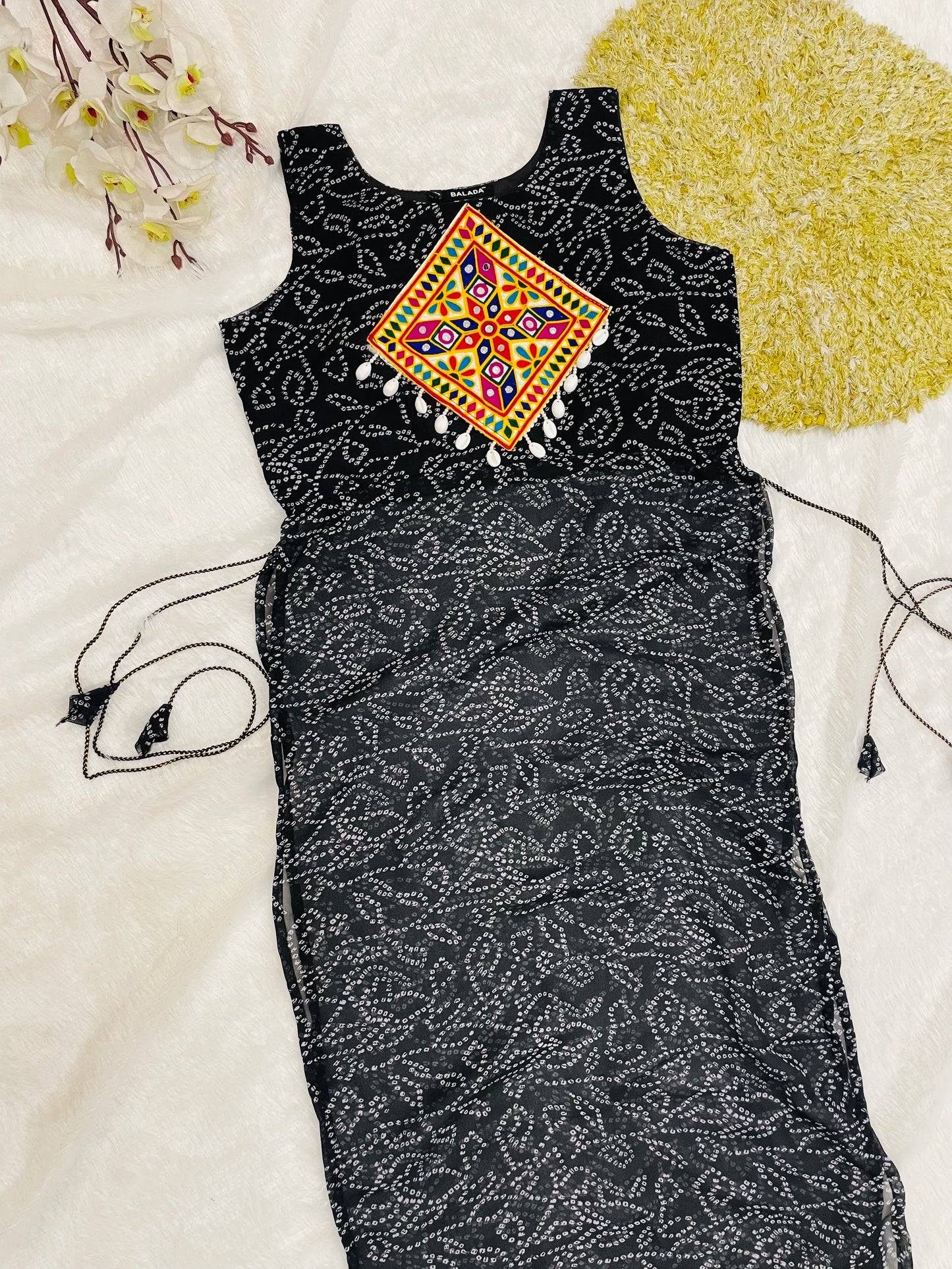Black Bandhani Mirror Work Kurti Set