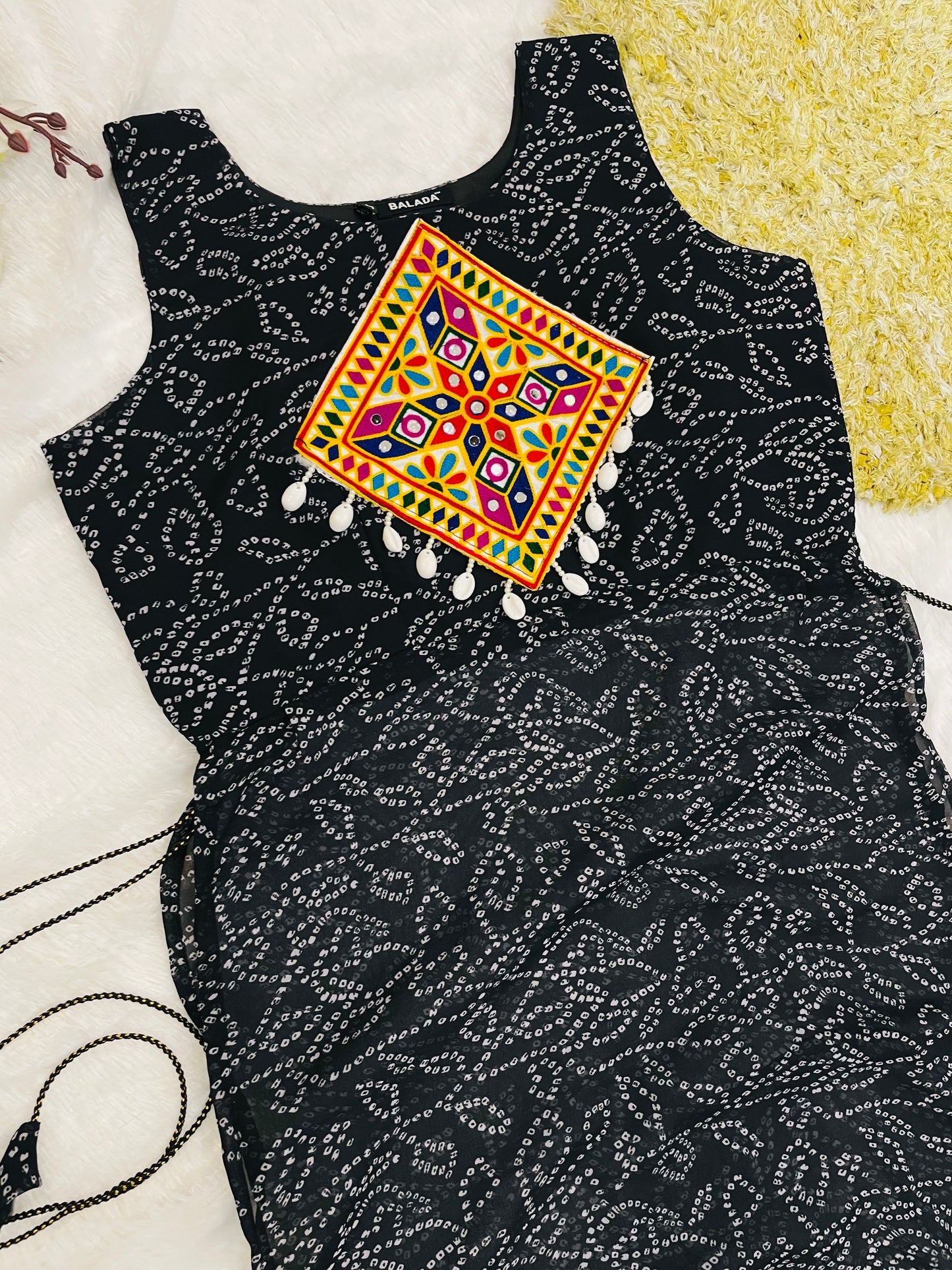 Black Bandhani Mirror Work Kurti Set
