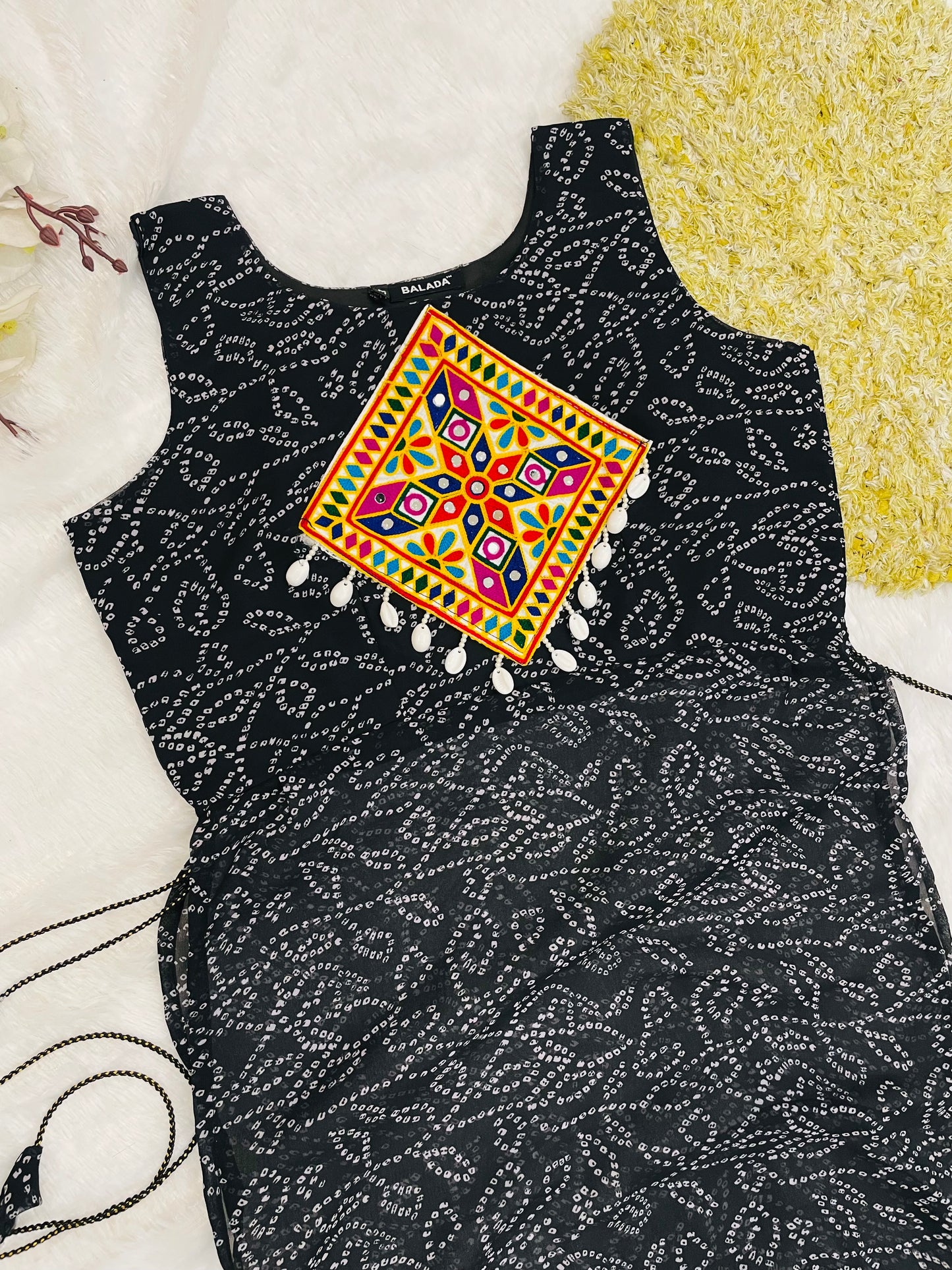 Black Bandhani Mirror Work Kurti Set