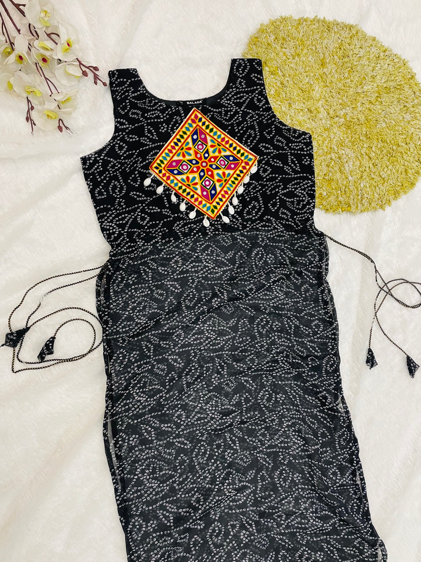 Black Bandhani Mirror Work Kurti Set
