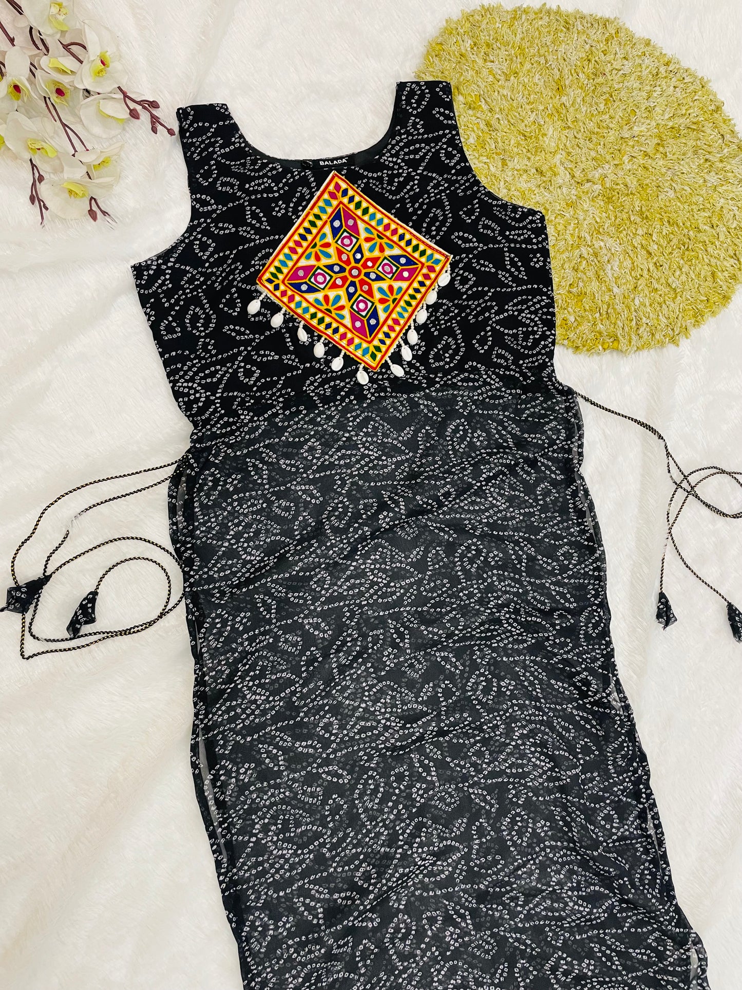 Black Bandhani Mirror Work Kurti Set