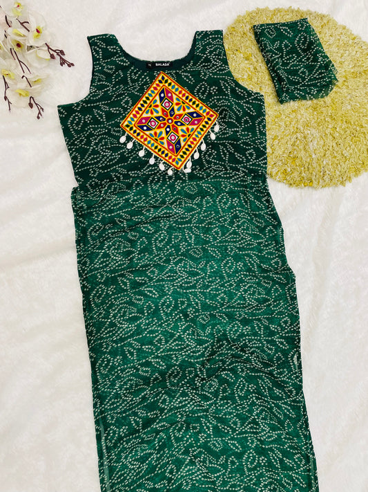 Dark-Green Bandhani Mirror work Kurti Set