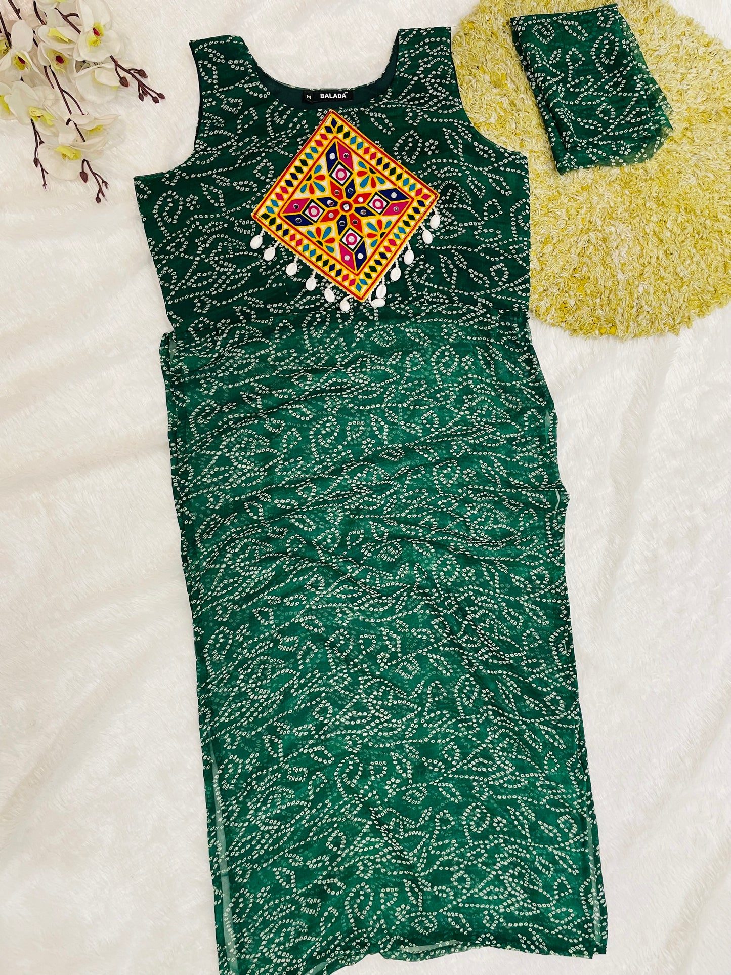 Dark-Green Bandhani Mirror work Kurti Set
