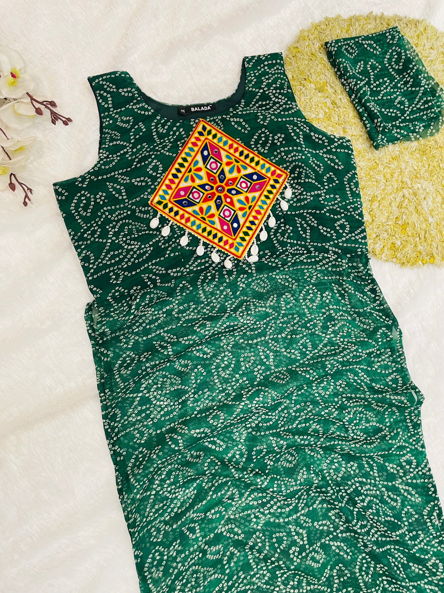 Dark-Green Bandhani Mirror work Kurti Set
