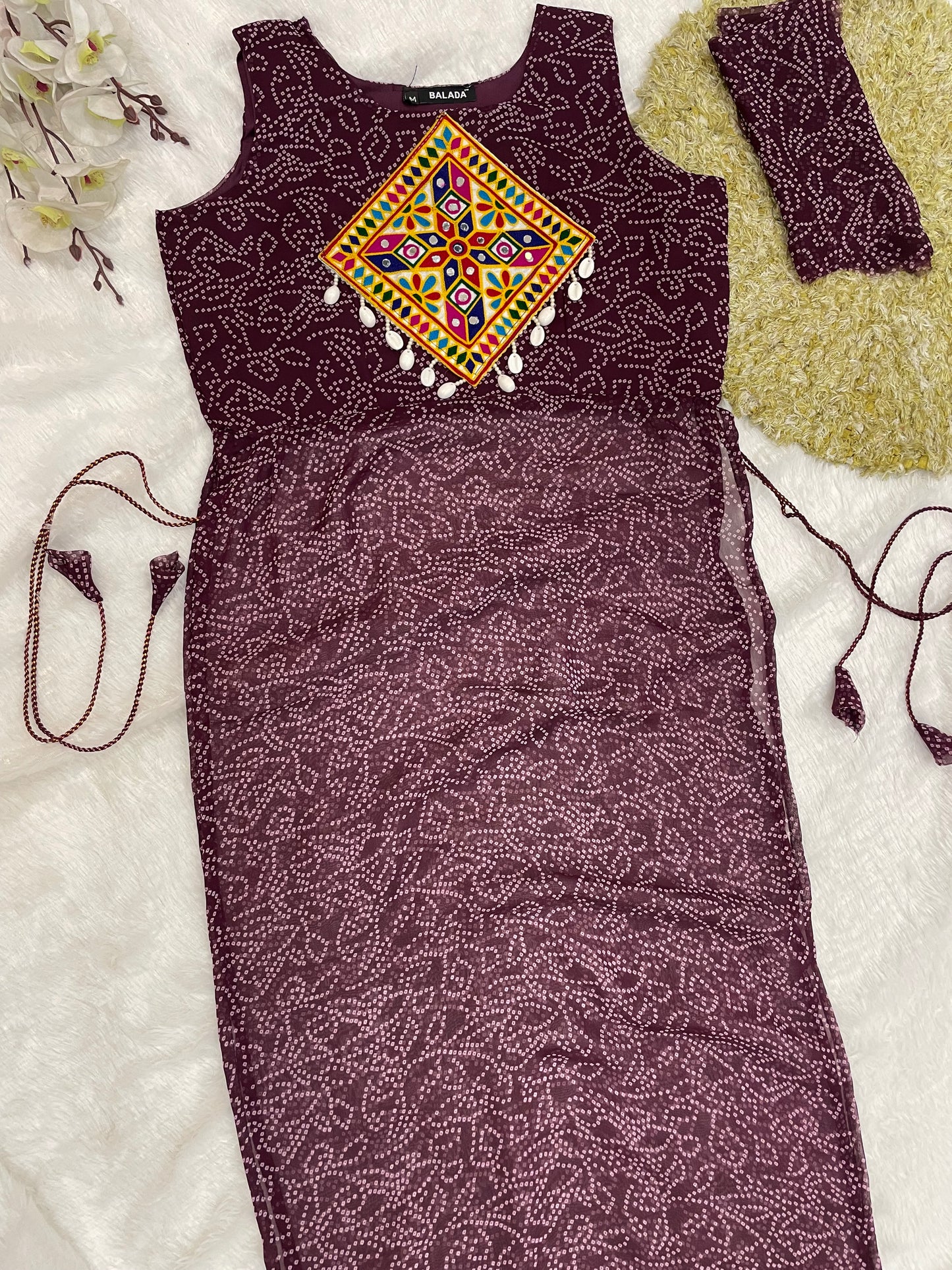 Reddish -Purple Bandhani Mirror Work Kurti Set