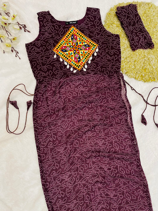 Reddish -Purple Bandhani Mirror Work Kurti Set