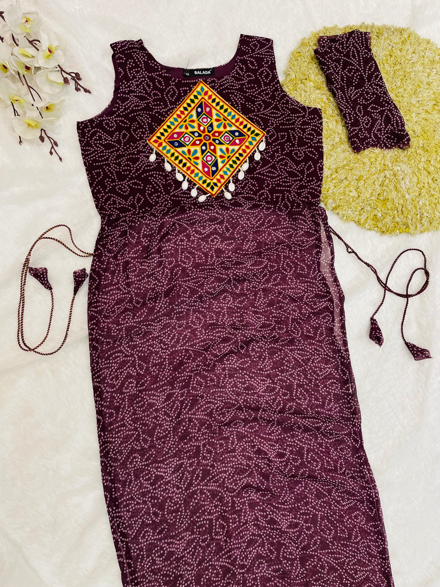 Reddish -Purple Bandhani Mirror Work Kurti Set