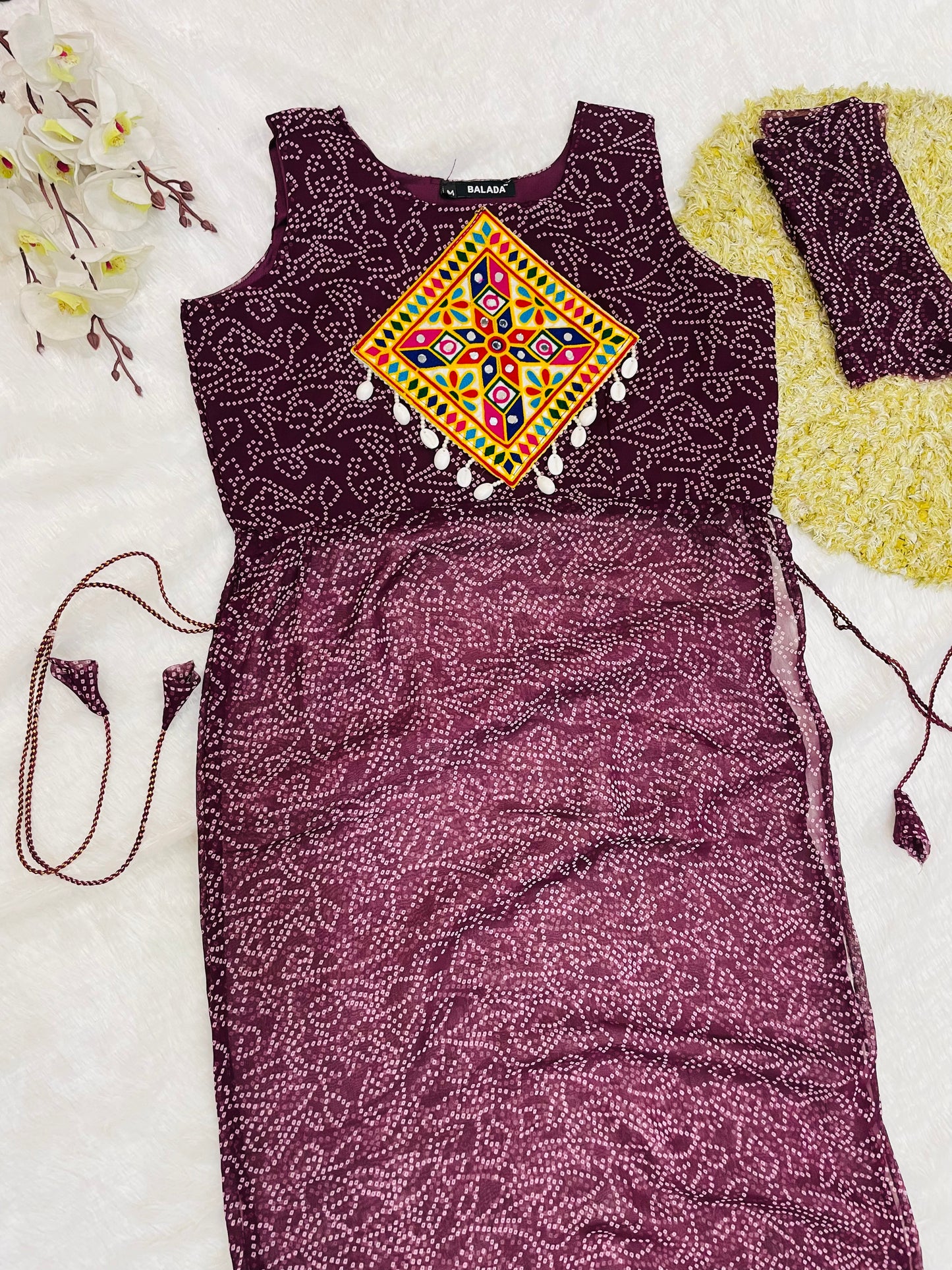 Reddish -Purple Bandhani Mirror Work Kurti Set
