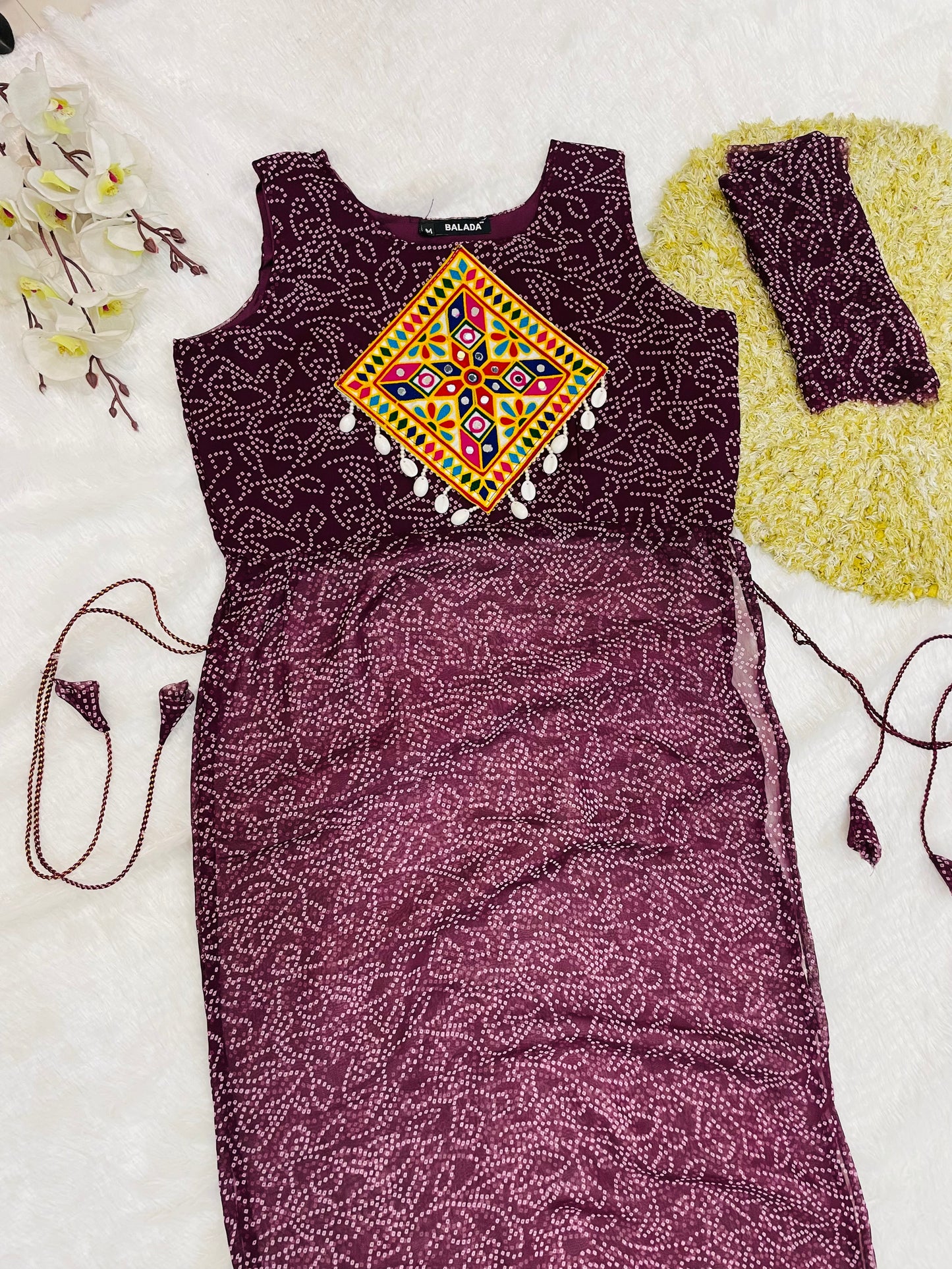 Reddish -Purple Bandhani Mirror Work Kurti Set