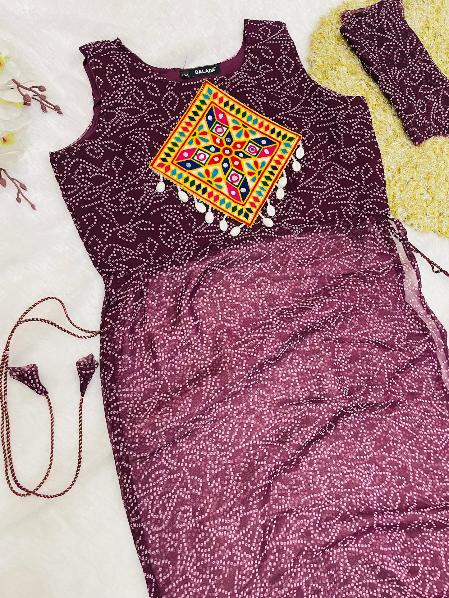 Reddish -Purple Bandhani Mirror Work Kurti Set