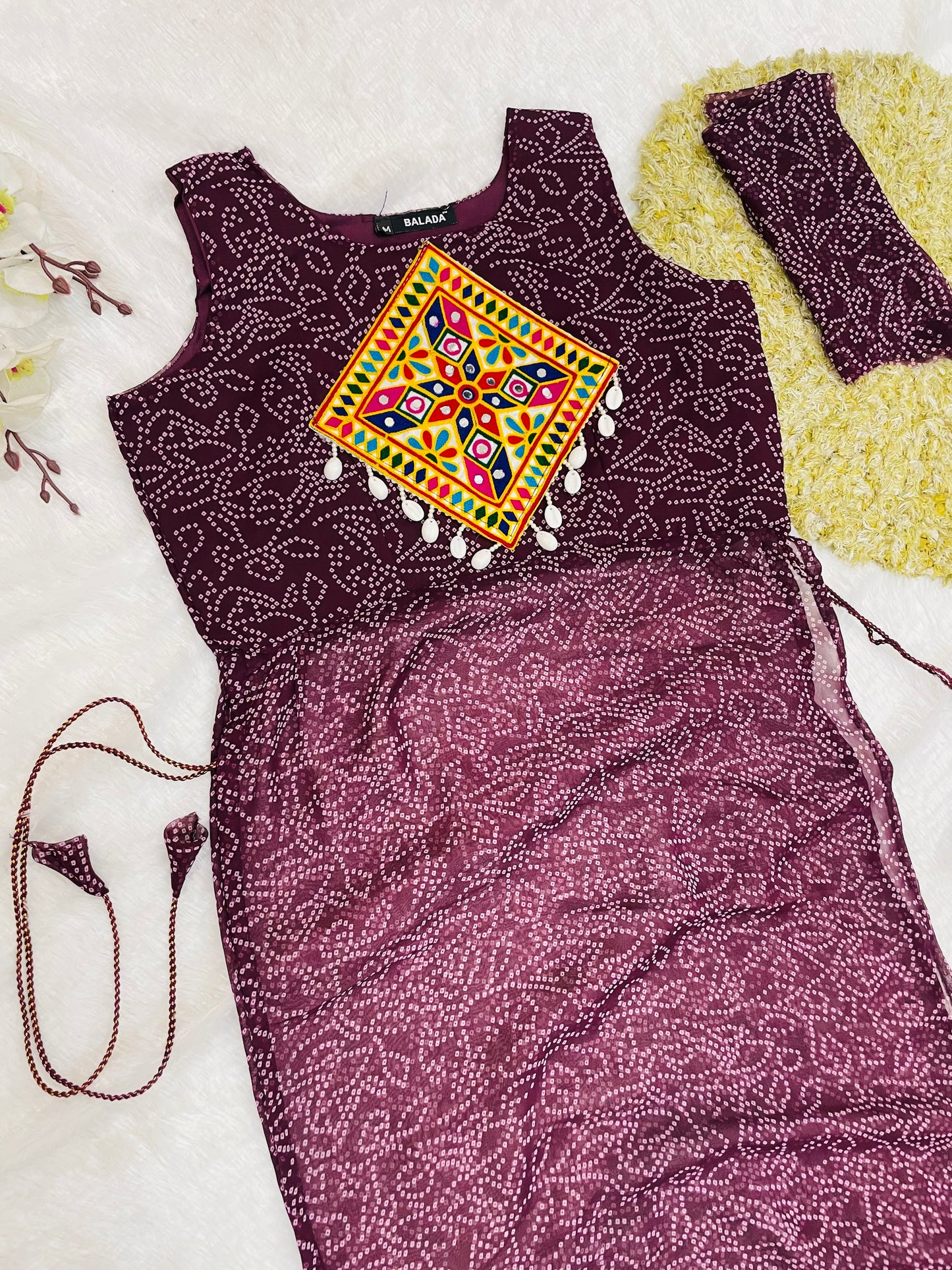 Reddish -Purple Bandhani Mirror Work Kurti Set