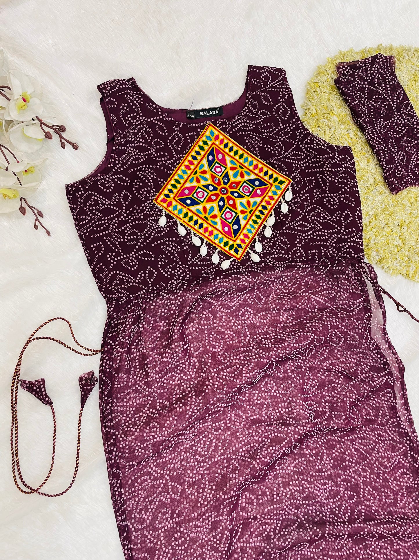 Reddish -Purple Bandhani Mirror Work Kurti Set