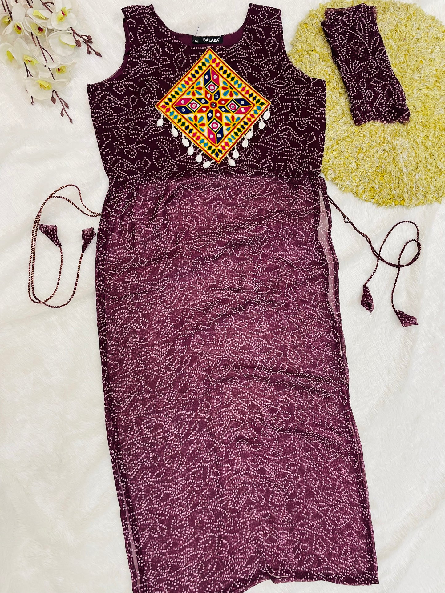 Reddish -Purple Bandhani Mirror Work Kurti Set
