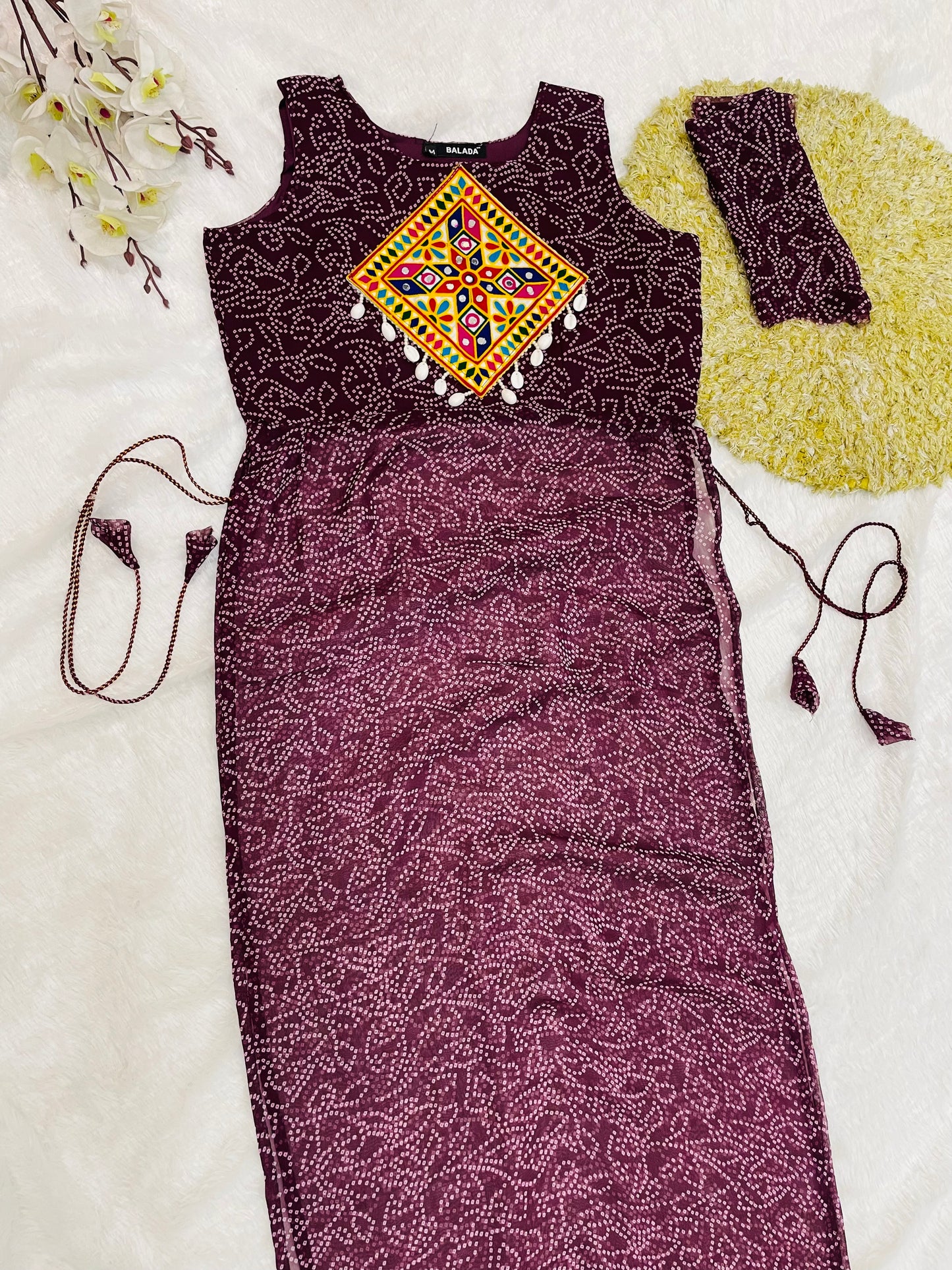 Reddish -Purple Bandhani Mirror Work Kurti Set