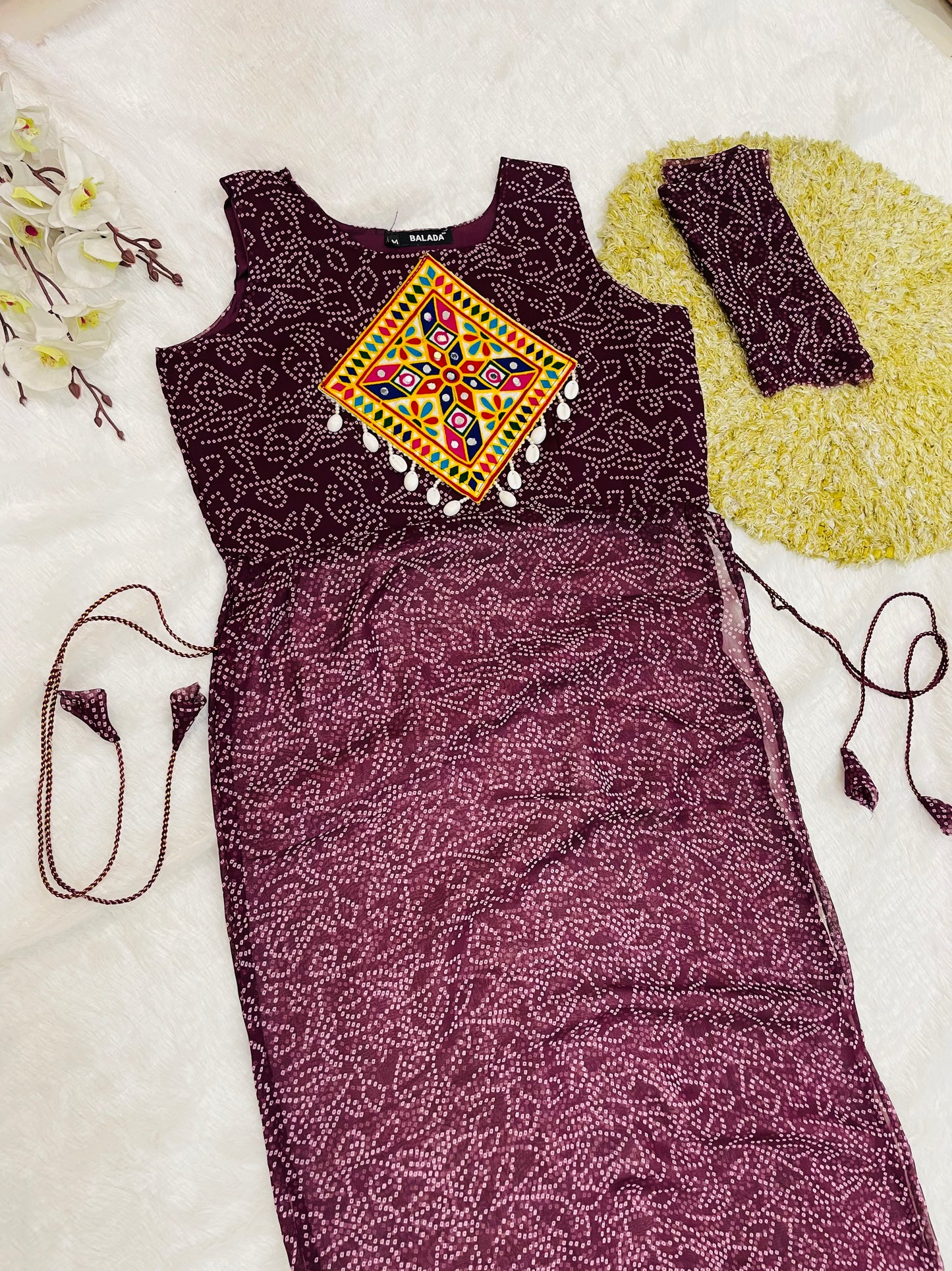Reddish -Purple Bandhani Mirror Work Kurti Set