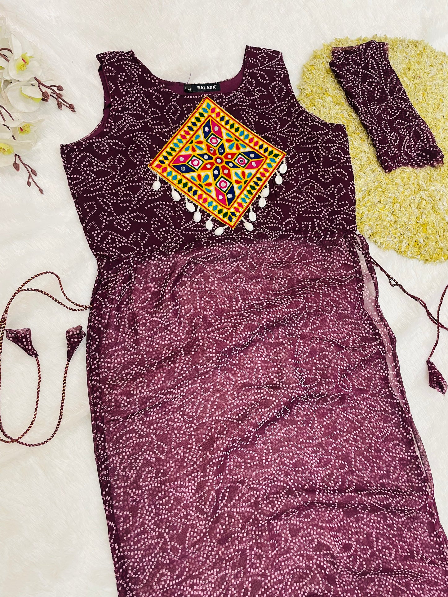Reddish -Purple Bandhani Mirror Work Kurti Set