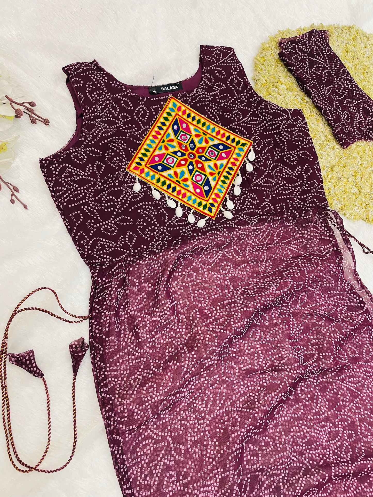 Reddish -Purple Bandhani Mirror Work Kurti Set