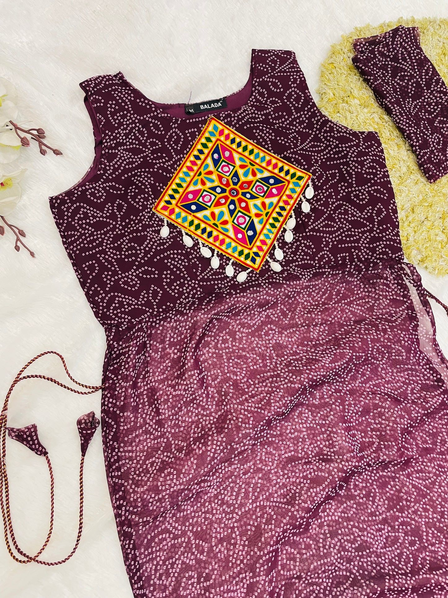 Reddish -Purple Bandhani Mirror Work Kurti Set