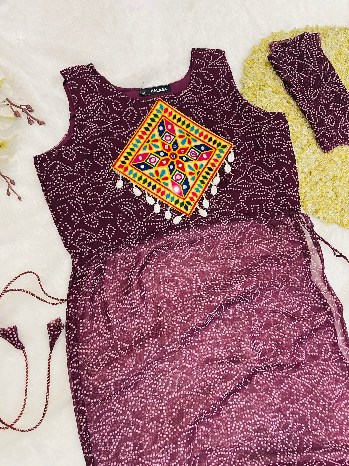 Reddish -Purple Bandhani Mirror Work Kurti Set