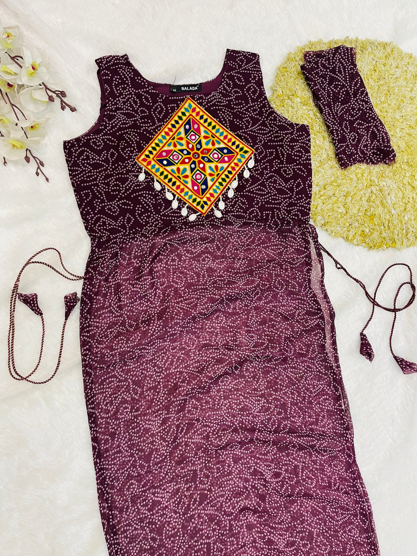 Reddish -Purple Bandhani Mirror Work Kurti Set