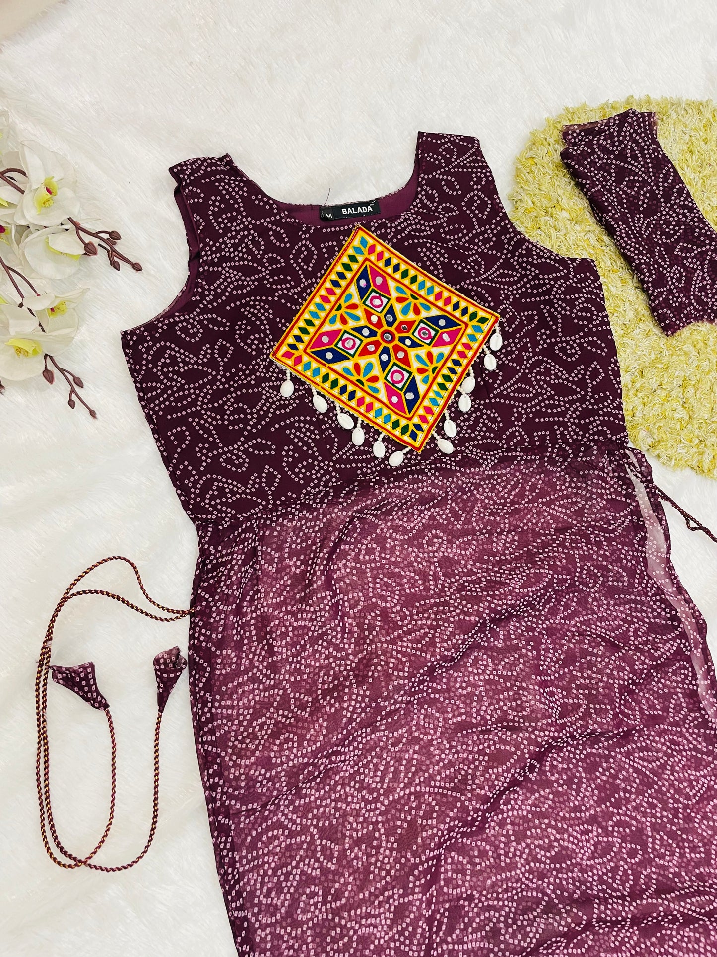 Reddish -Purple Bandhani Mirror Work Kurti Set