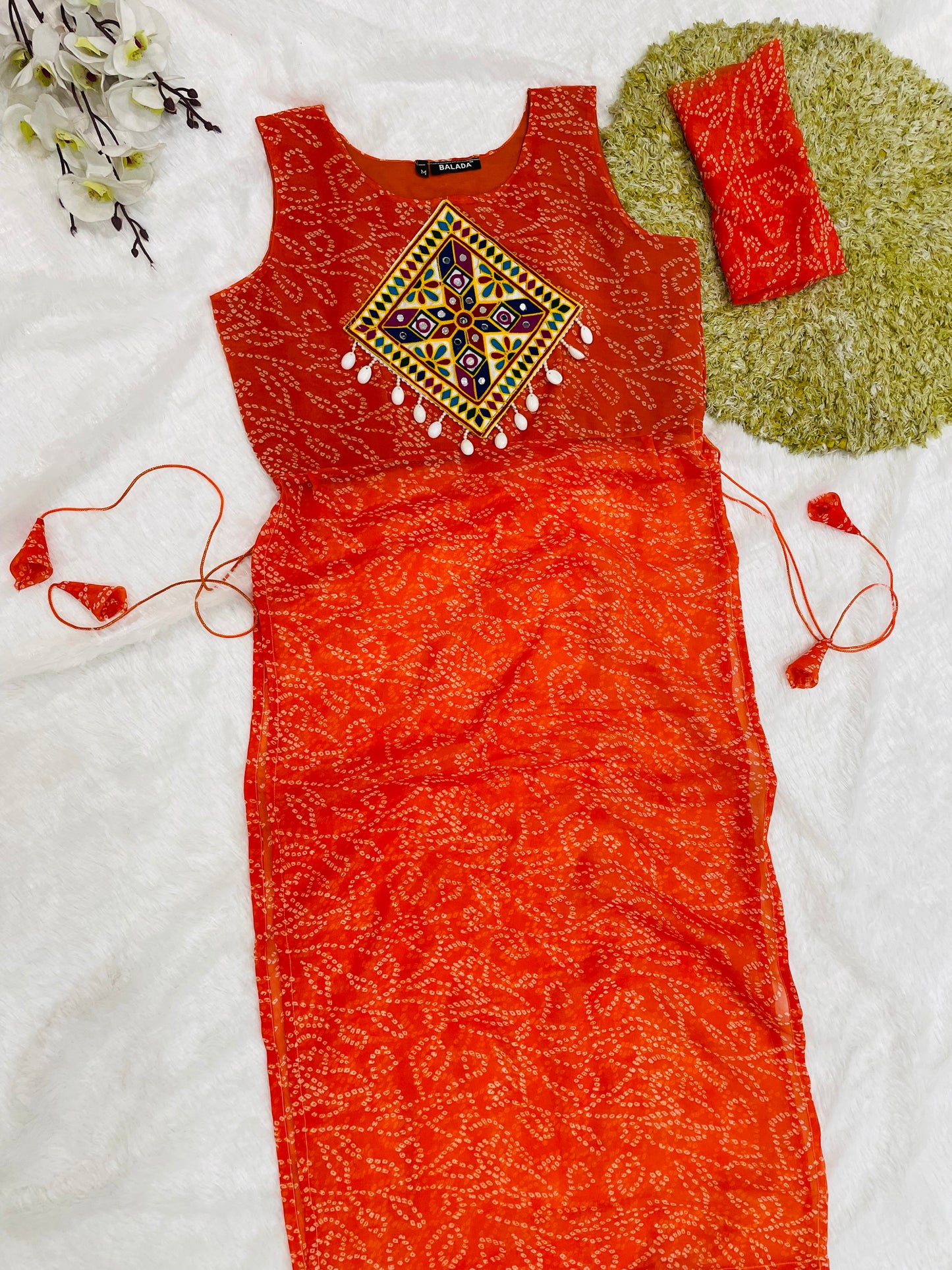 Orange Bandhani Mirror Work Kurti Set