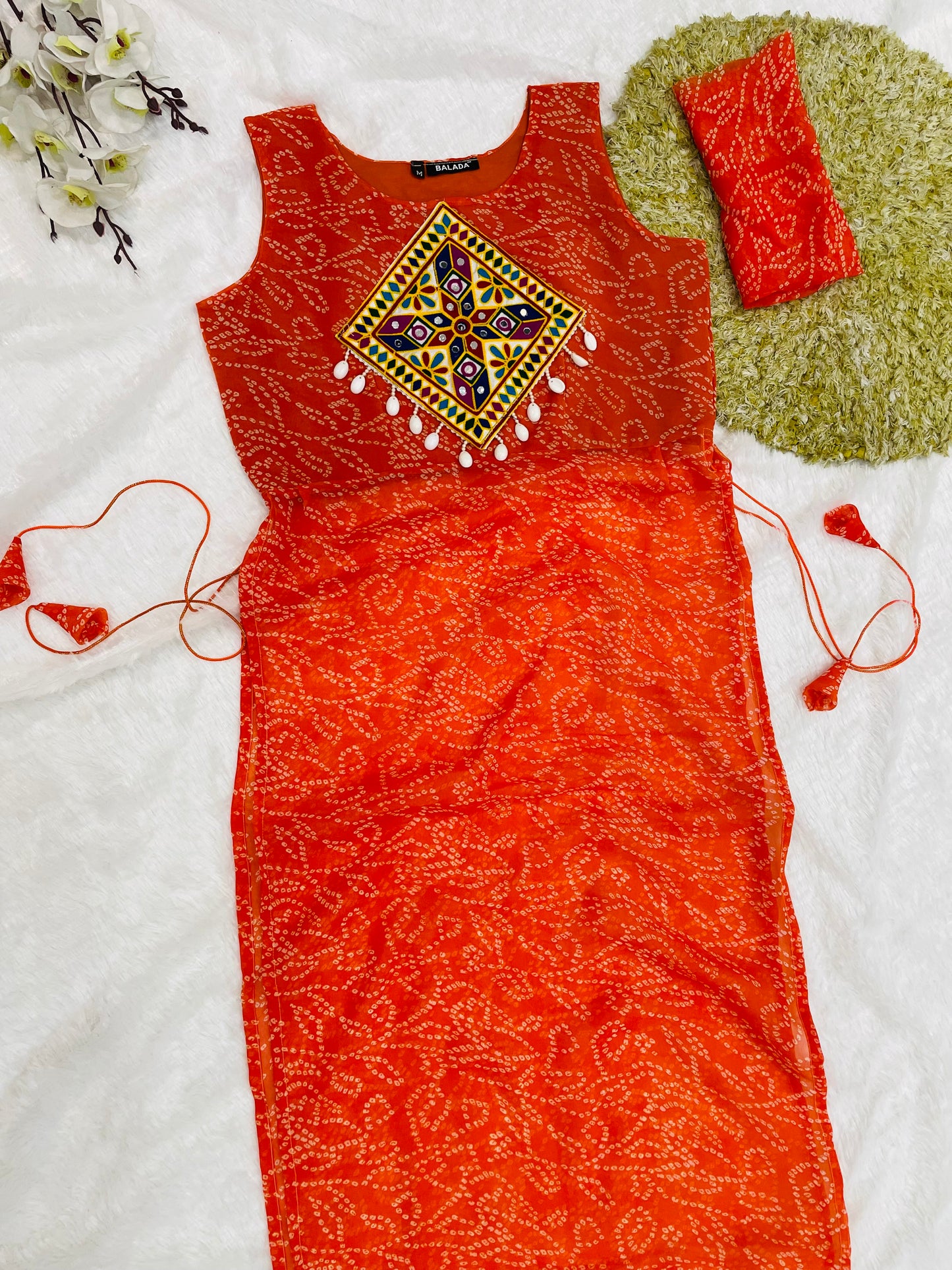 Orange Bandhani Mirror Work Kurti Set