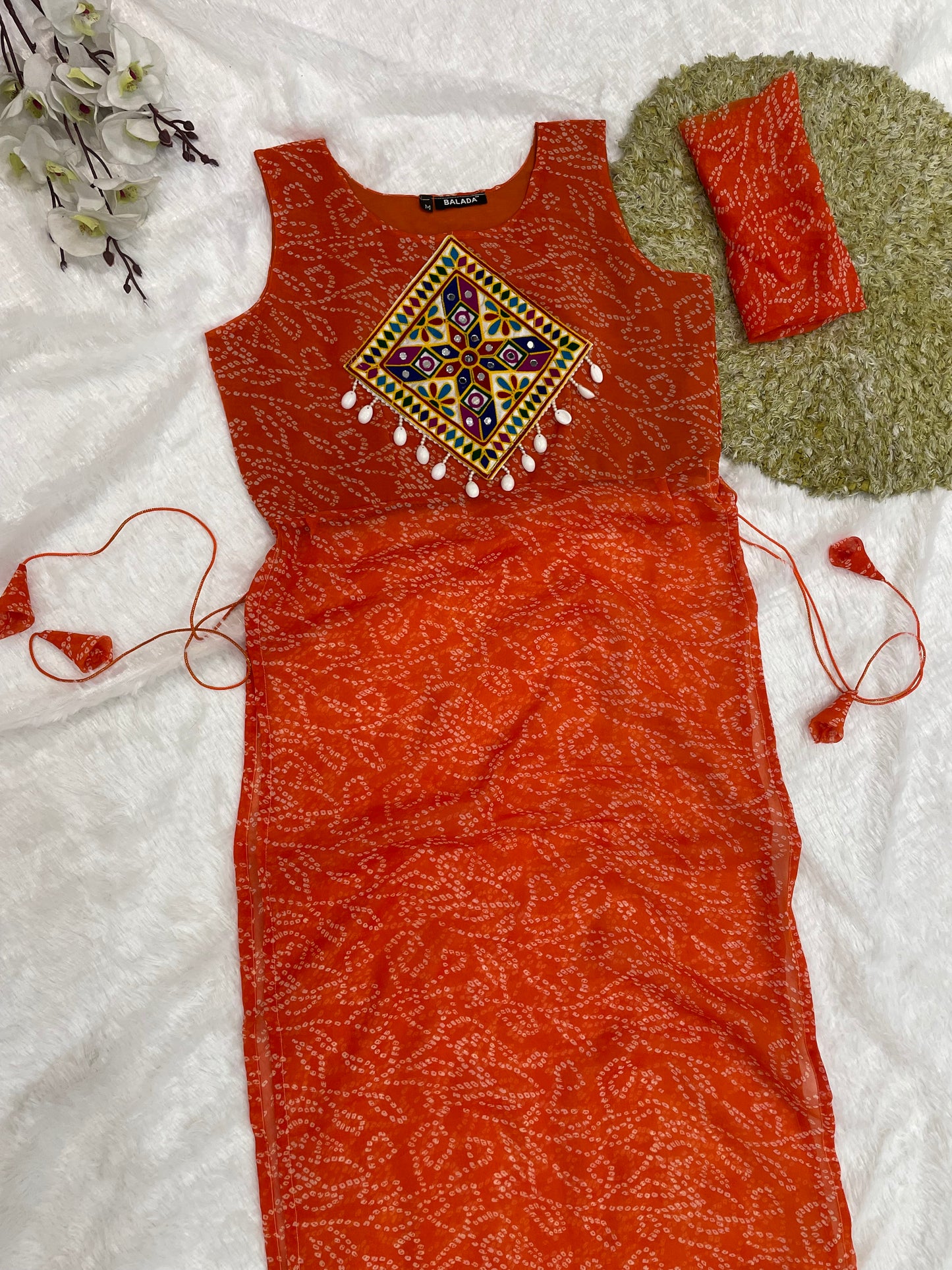 Orange Bandhani Mirror Work Kurti Set