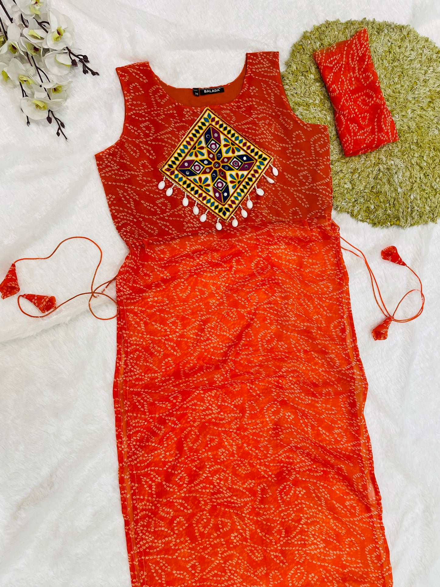 Orange Bandhani Mirror Work Kurti Set