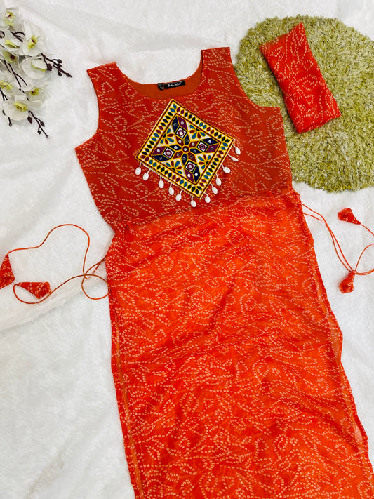 Orange Bandhani Mirror Work Kurti Set
