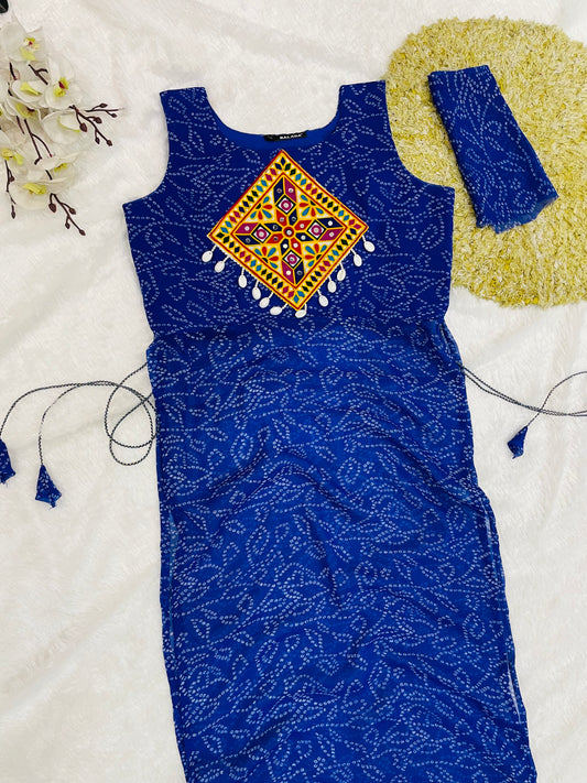 Royal Blue Bandhani Mirror Work Kurti Set