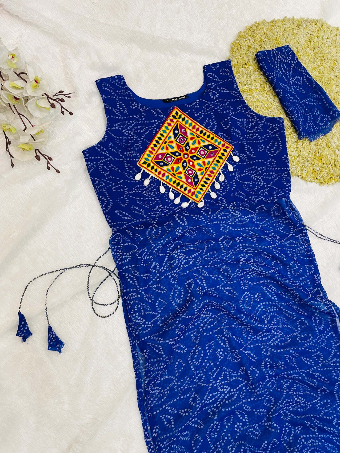 Royal Blue Bandhani Mirror Work Kurti Set