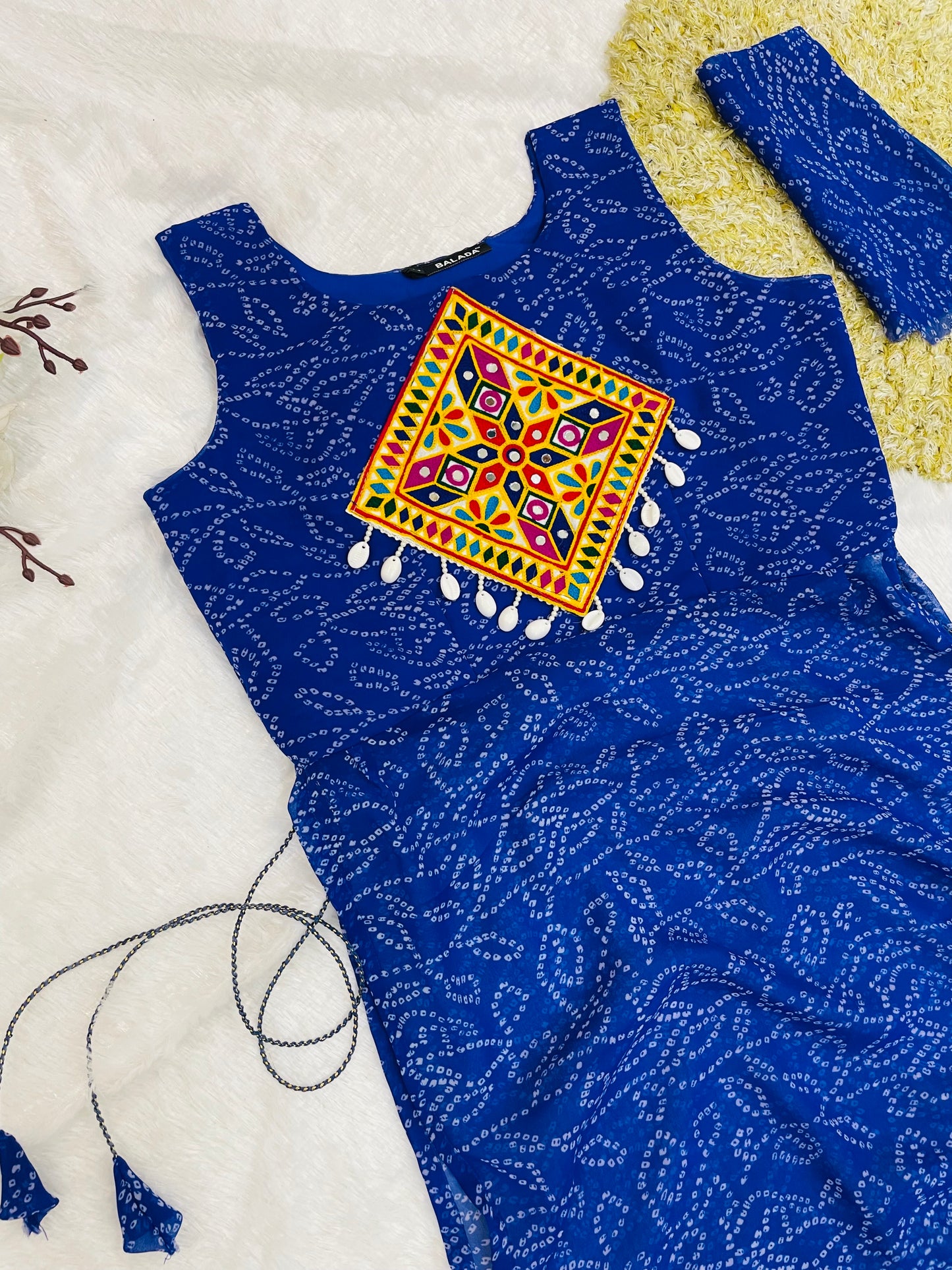 Royal Blue Bandhani Mirror Work Kurti Set