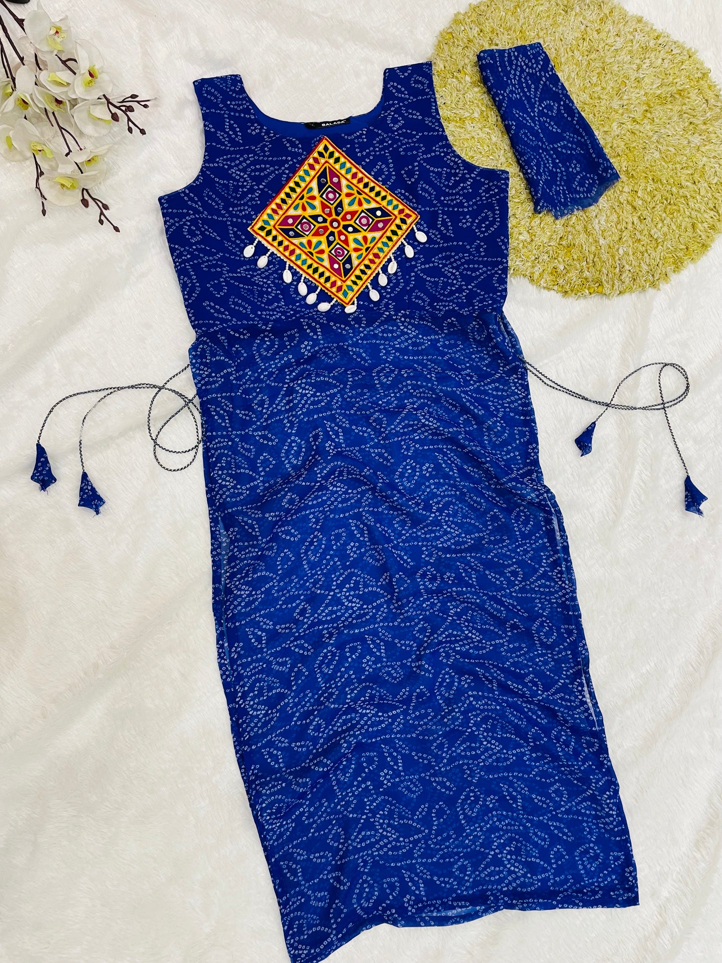 Royal Blue Bandhani Mirror Work Kurti Set