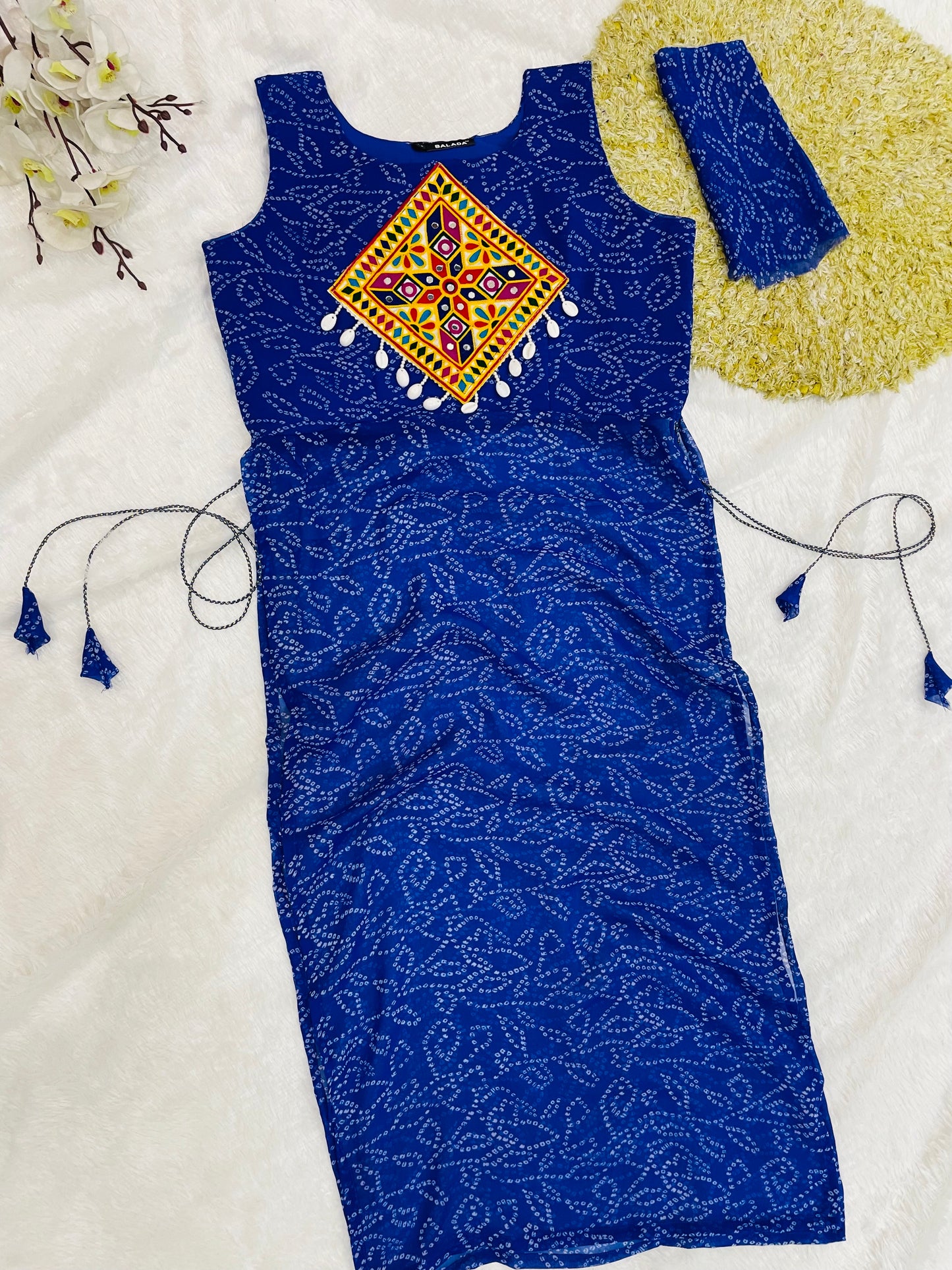 Royal Blue Bandhani Mirror Work Kurti Set