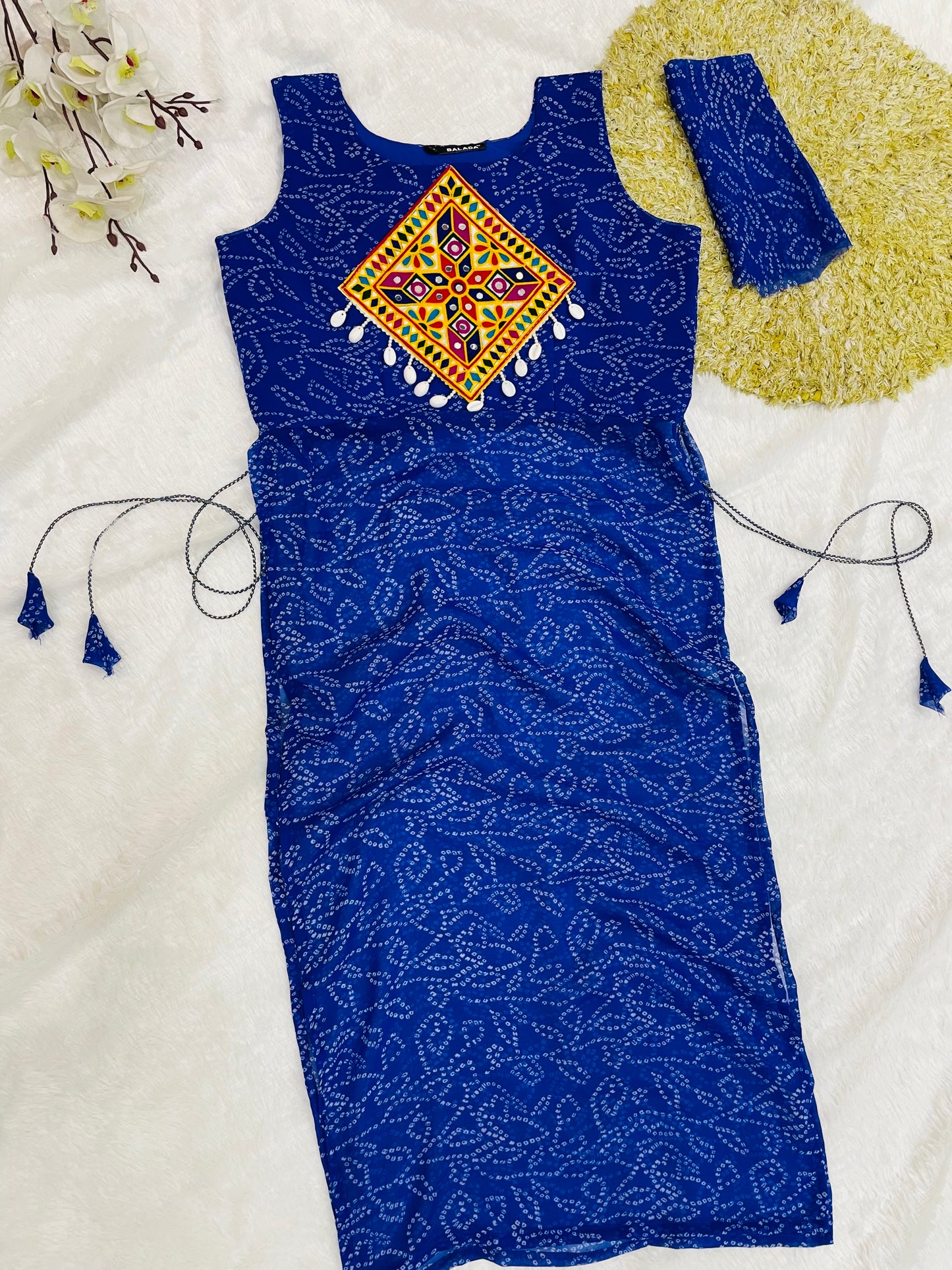 Royal Blue Bandhani Mirror Work Kurti Set
