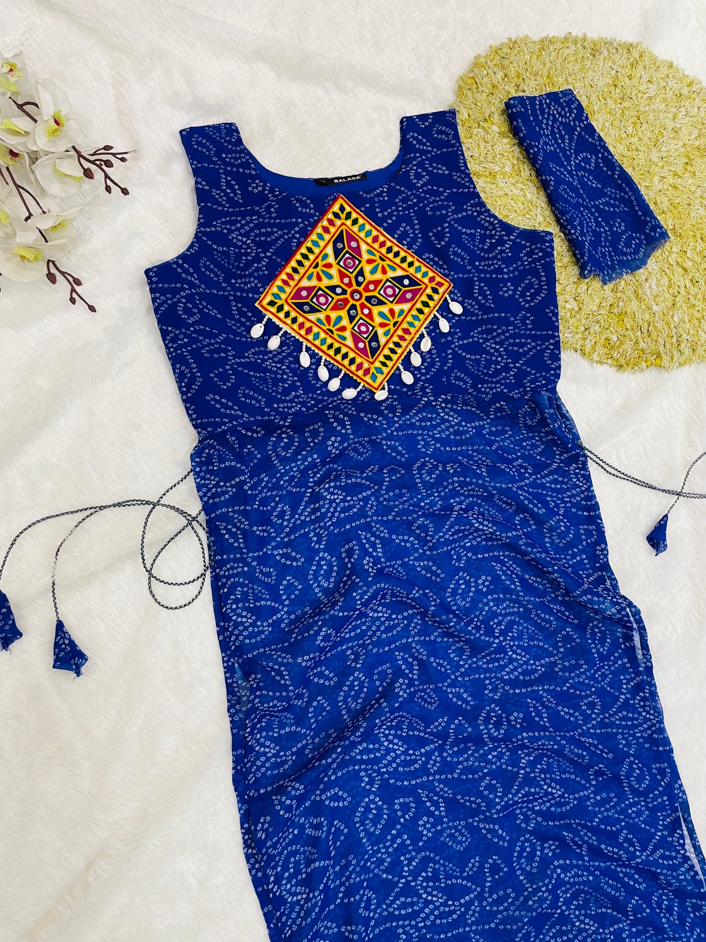Royal Blue Bandhani Mirror Work Kurti Set